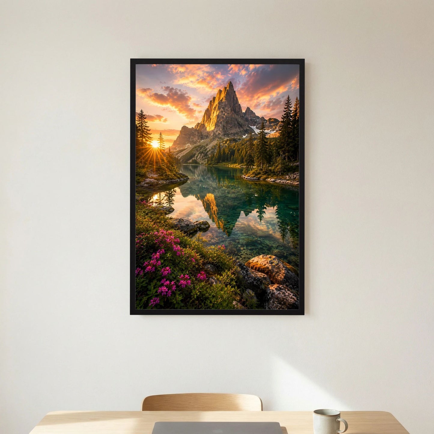 Poster im Hochformat mit Bergsee bei Sonnenuntergang im schwarzen Rahmen, Blumen am Ufer