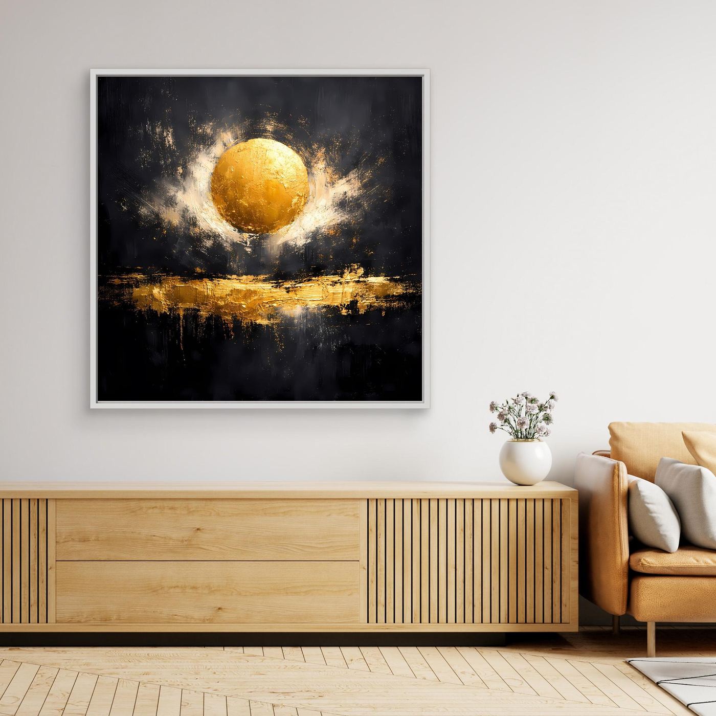 Leinwand Abstrakter Goldener Vollmond | Modernes Kosmisches Wandbild
