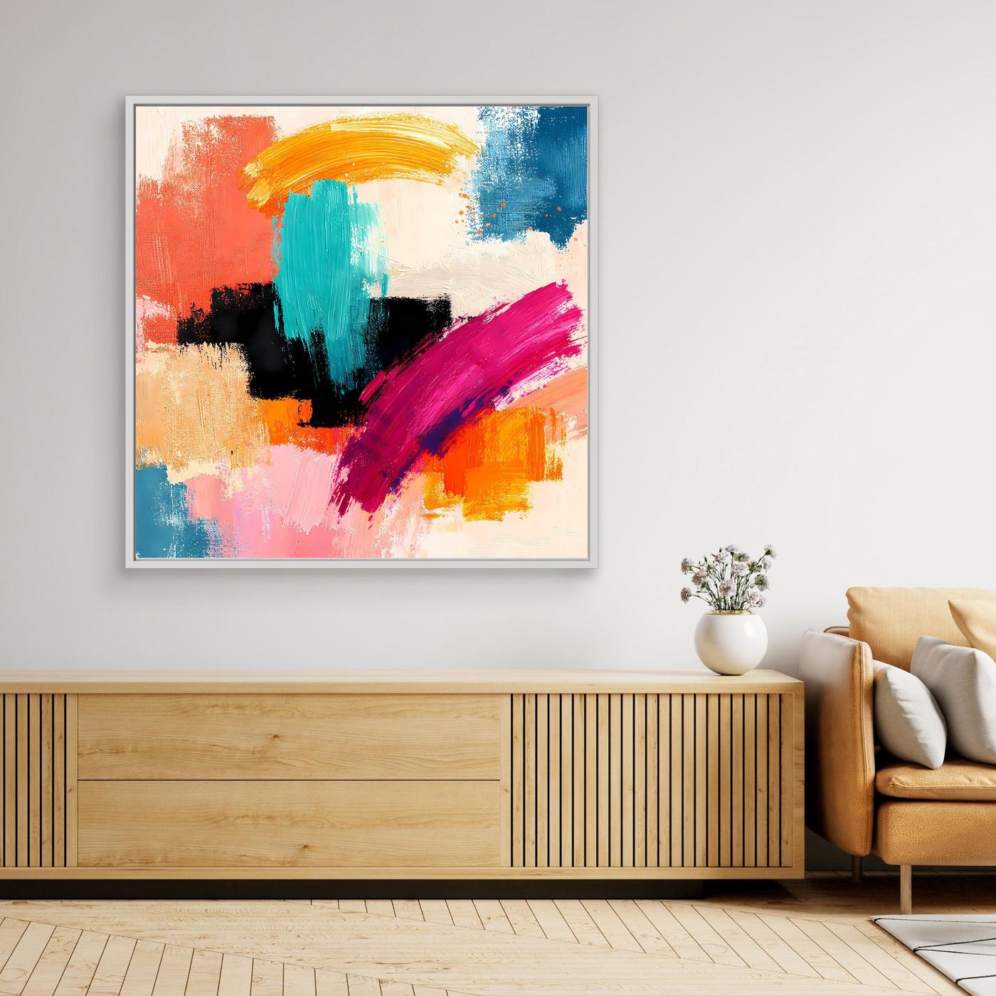 Gerahmtes Leinwand-Wandbild mit abstrakten, bunten Pinselstrichen