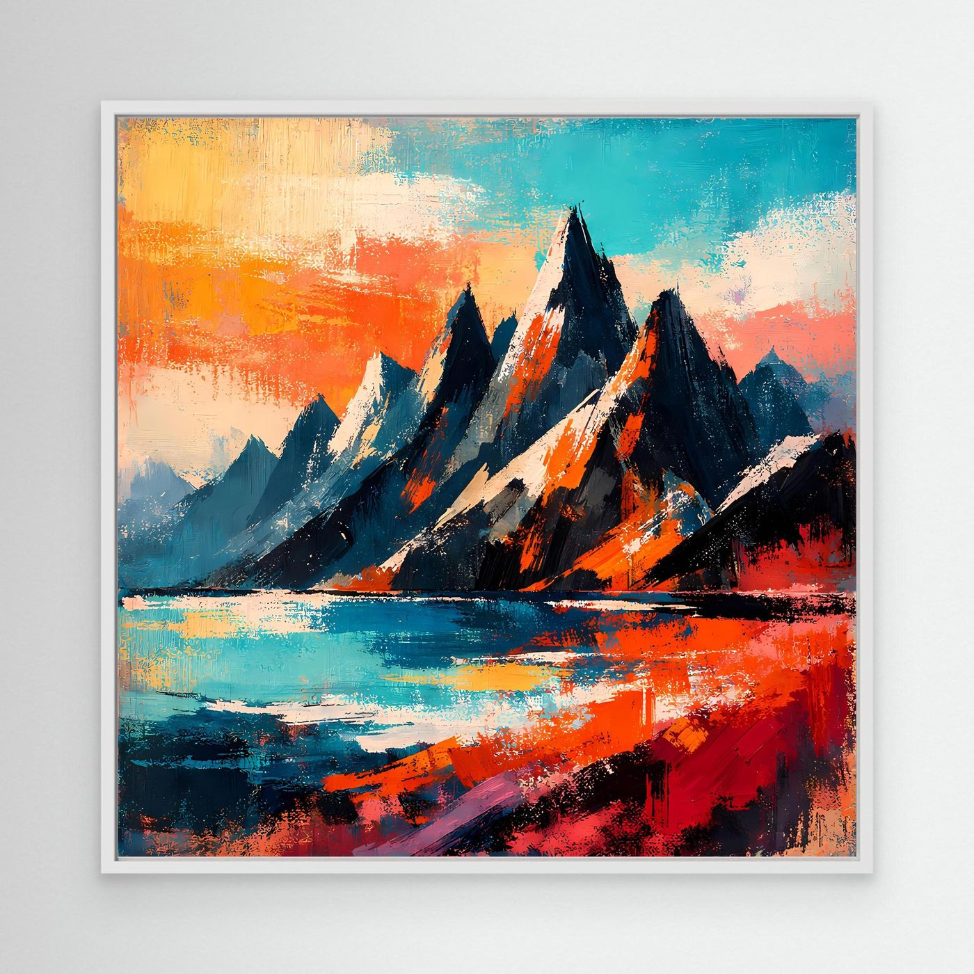 Abstraktes Leinwand-Wandbild mit Bergen und Wasserfall, weißer Rahmen