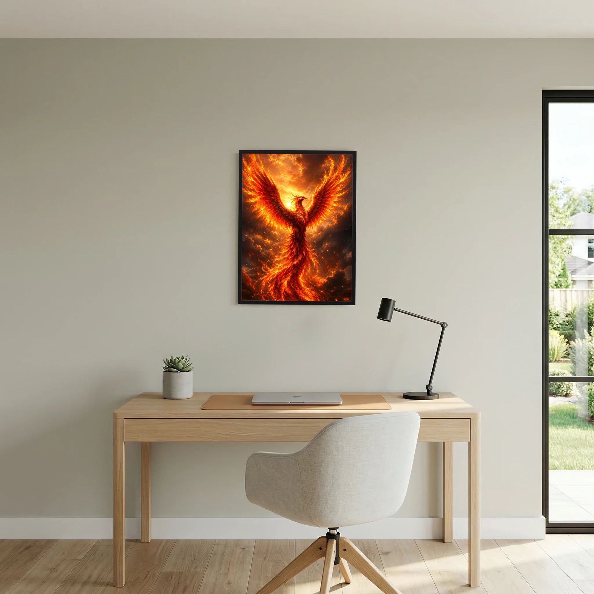 Wandposter mit Feuerphönix im gold-orangen Farbverlauf, schwarzer Rahmen