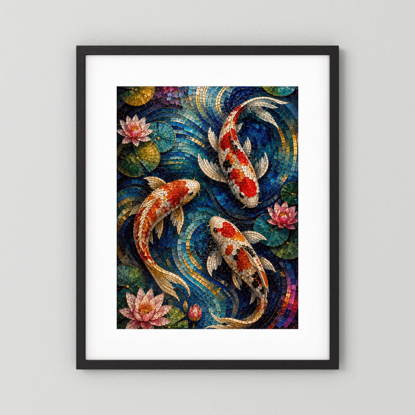 Koi Fische im Seerosenteich | Japanisches Mosaik in Blau & Gold | Poster Hochformat