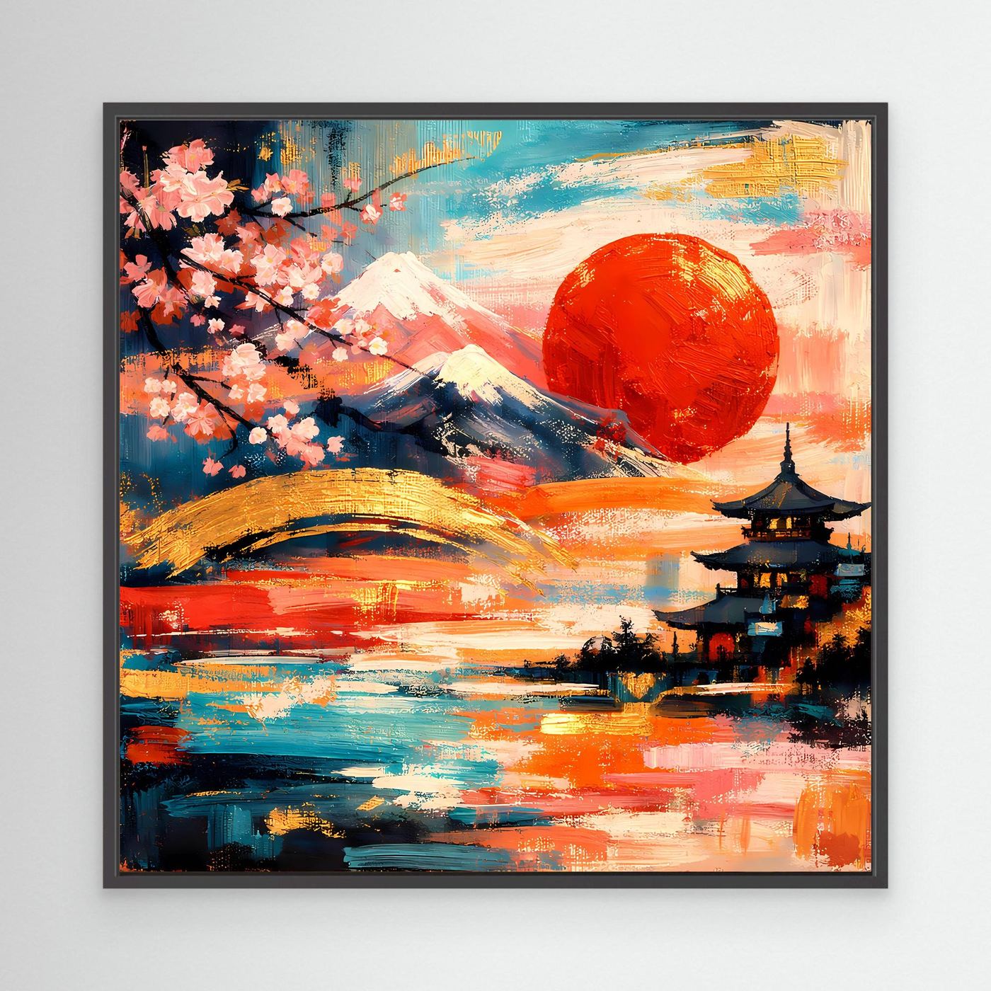 Gerahmtes Leinwandbild mit Fuji, roter Sonne, Kirschblütenzweig und Pagode, schwarzer Rahmen