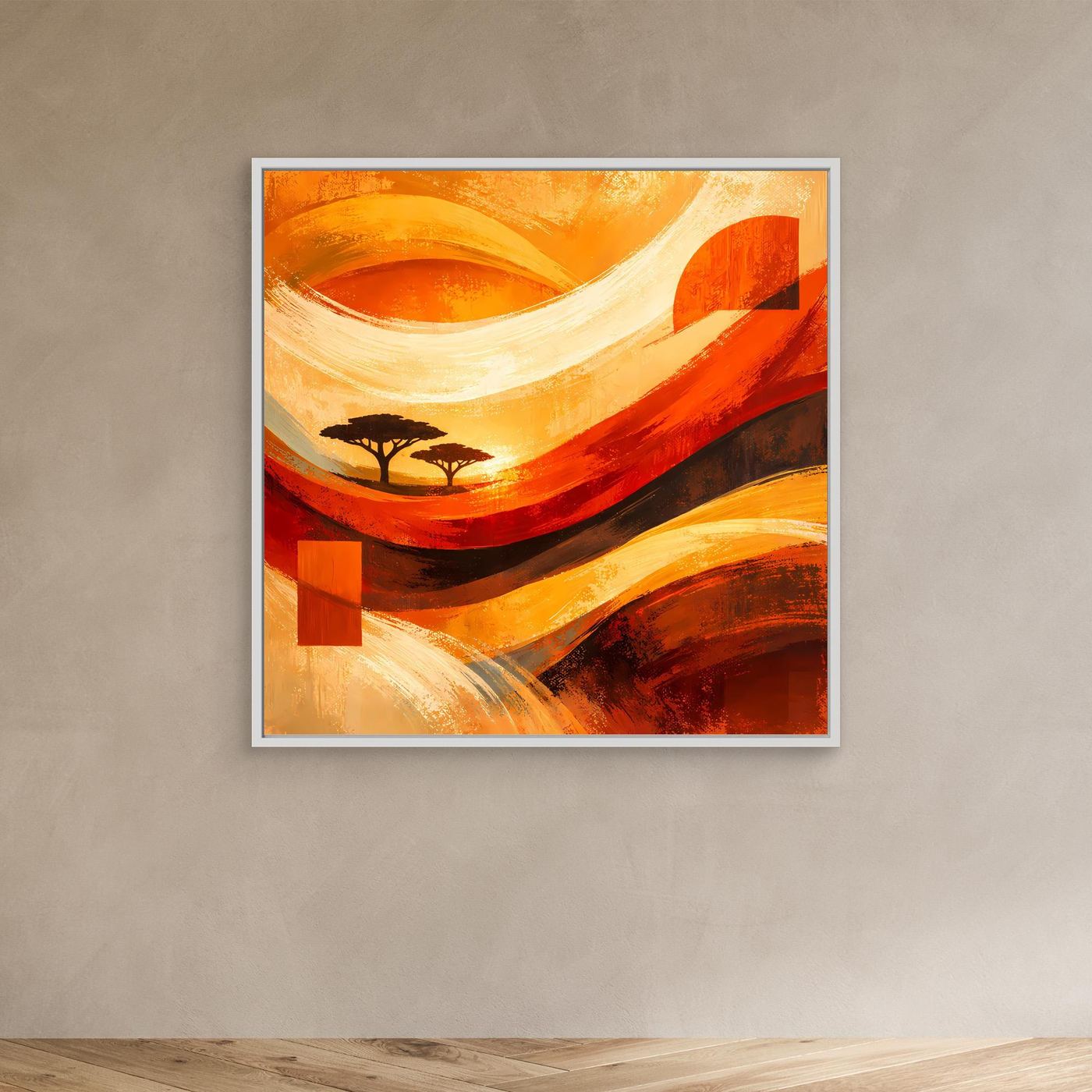 Abstraktes Leinwandbild im beigen Rahmen, Orange- und Rottöne, Wellenbögen und Baum-Silhouetten