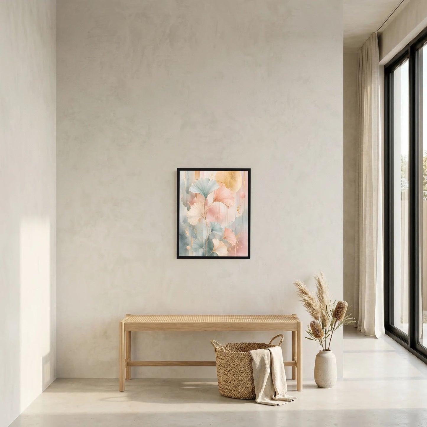 Gerahmtes Hochformat-Kunstposter mit pastelligen Blättern in Rosa, Salbeigrün und Gold