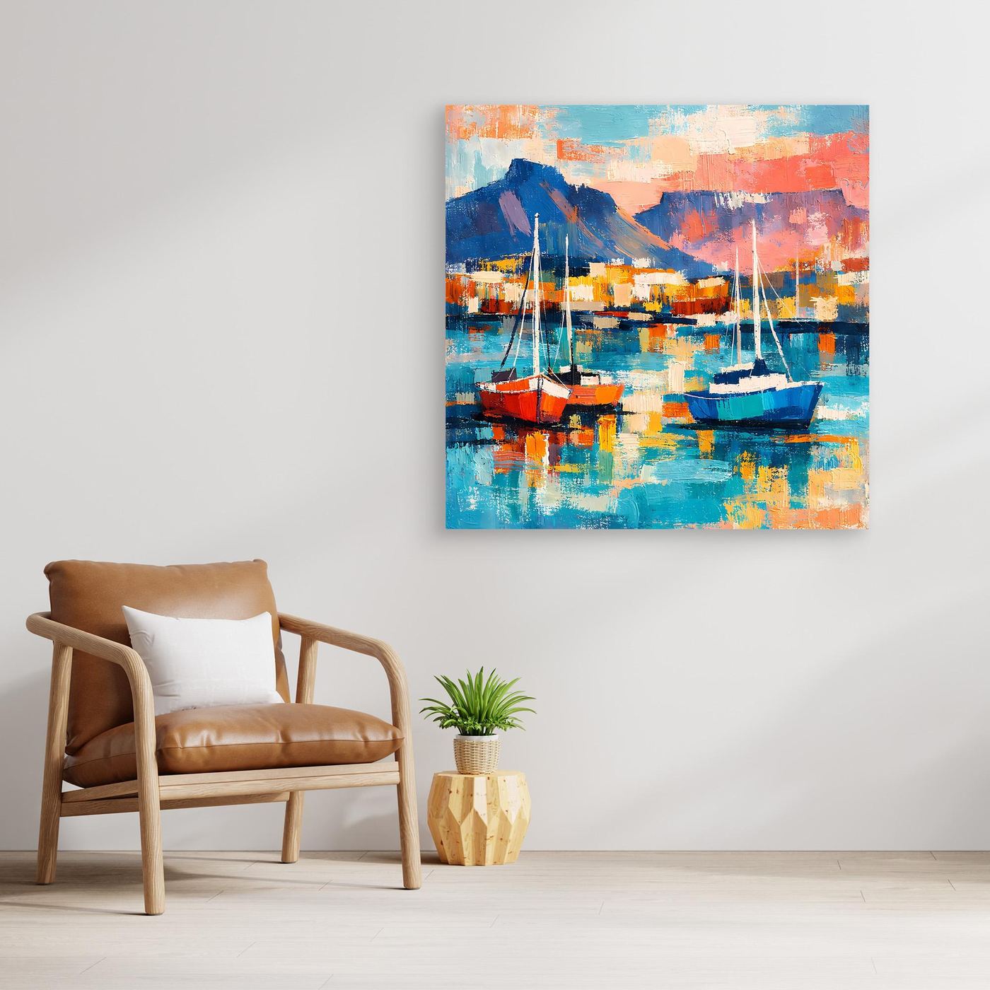 Abstraktes Leinwand-Wandbild mit Segelbooten im Hafen und türkisblauem Wasser