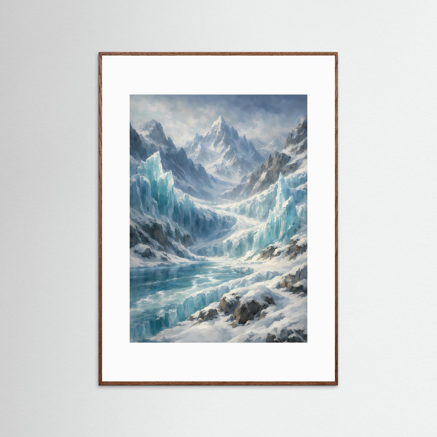 Poster mit Gletscherlandschaft, brauner Holzrahmen, Hochformat