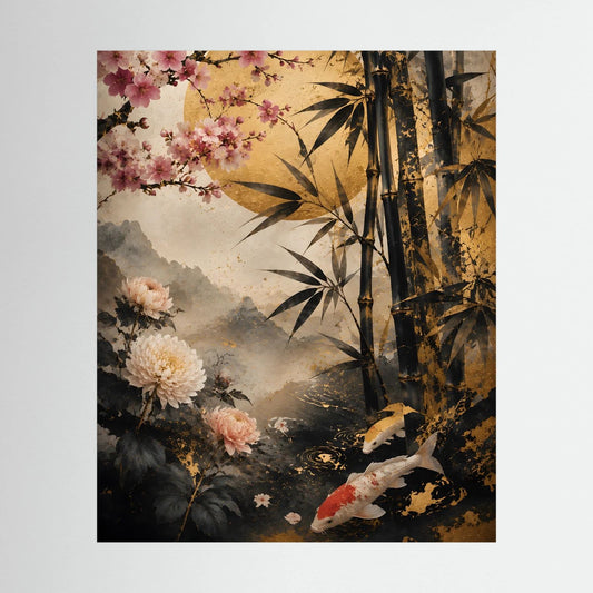 Japanisches Poster im Hochformat mit Koi, Bambus und Kirschblüten in Schwarz-Gold
