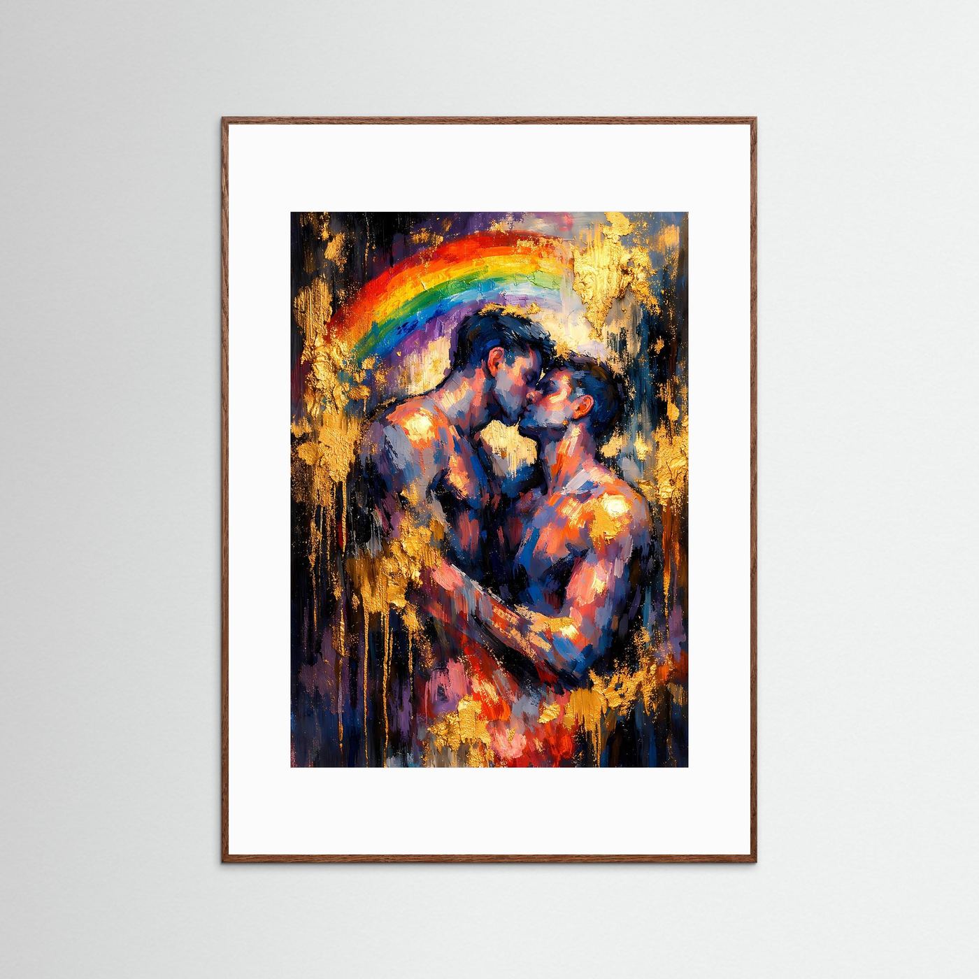Poster im Hochformat mit Regenbogenbogen und Goldakzenten im dunklen Holzrahmen
