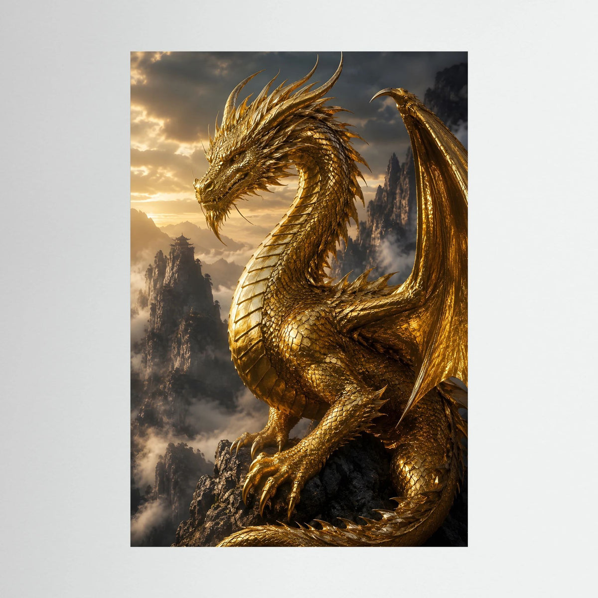 Hochformatiges Kunstposter: goldener Fantasy-Drache mit geöffnetem Flügel und Mähne