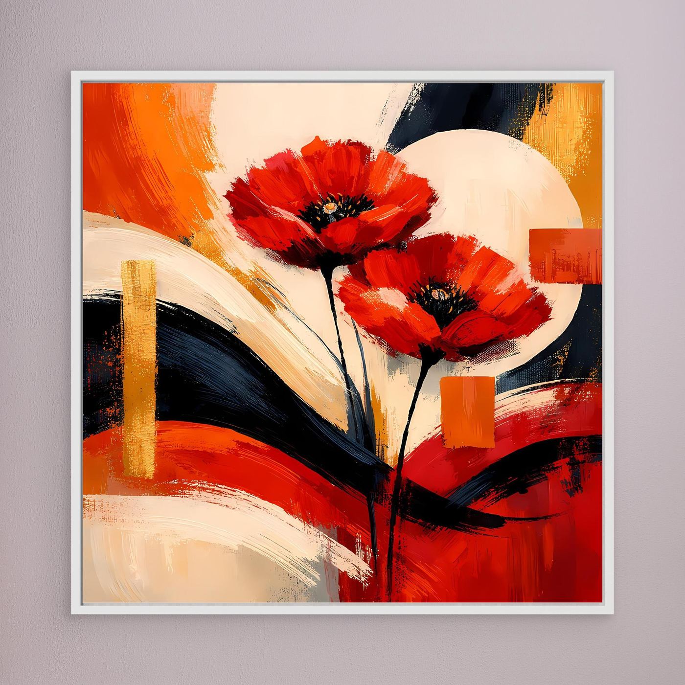 Leinwandbild mit roten Mohnblüten und abstrakten Pinselstrichen, weiß eingefasst
