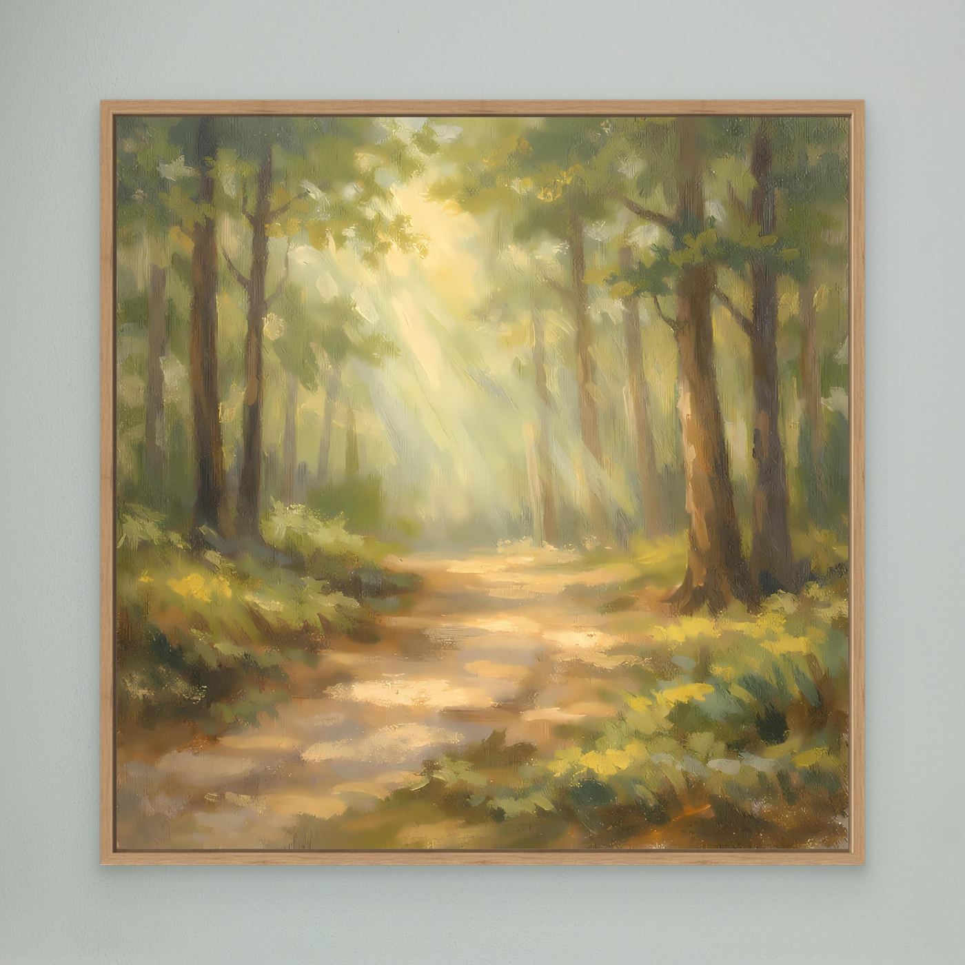 Leinwandbild Waldweg mit Sonnenstrahlen, eichenfarbener Holzrahmen