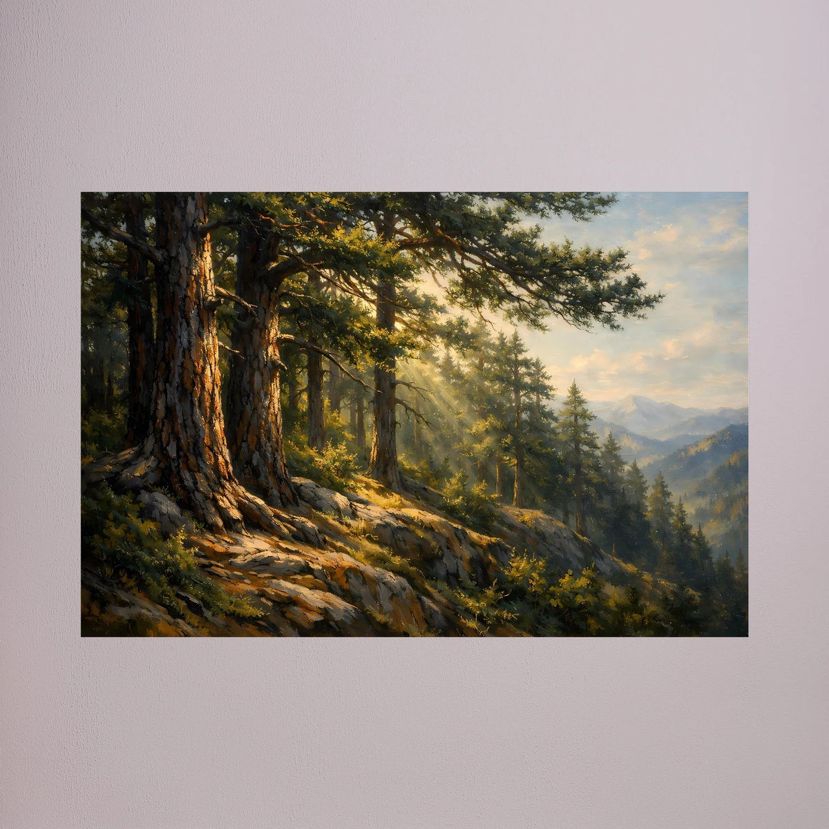 Wandbild im Querformat: Waldweg mit Nadelbäumen und fernen Bergen, rahmenlos