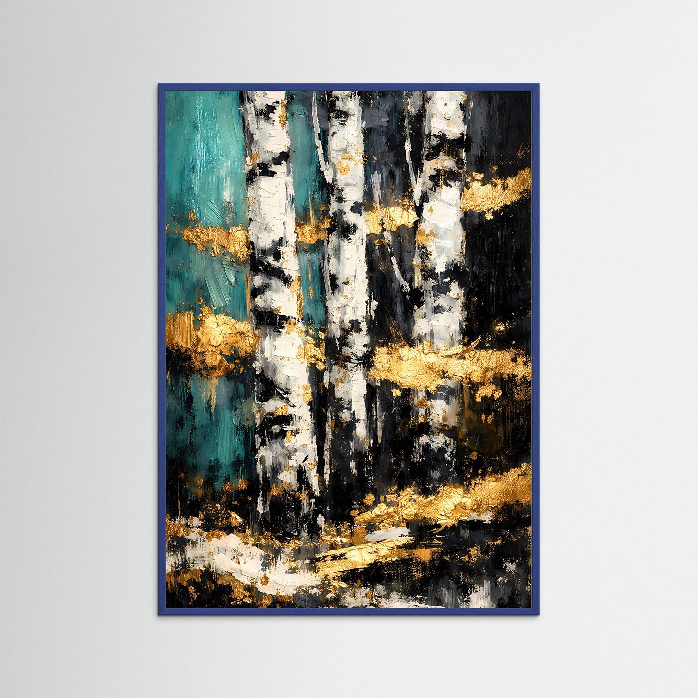Abstraktes Naturposter mit Birkenstämmen im blauen Holzrahmen, türkis, schwarz, gold.