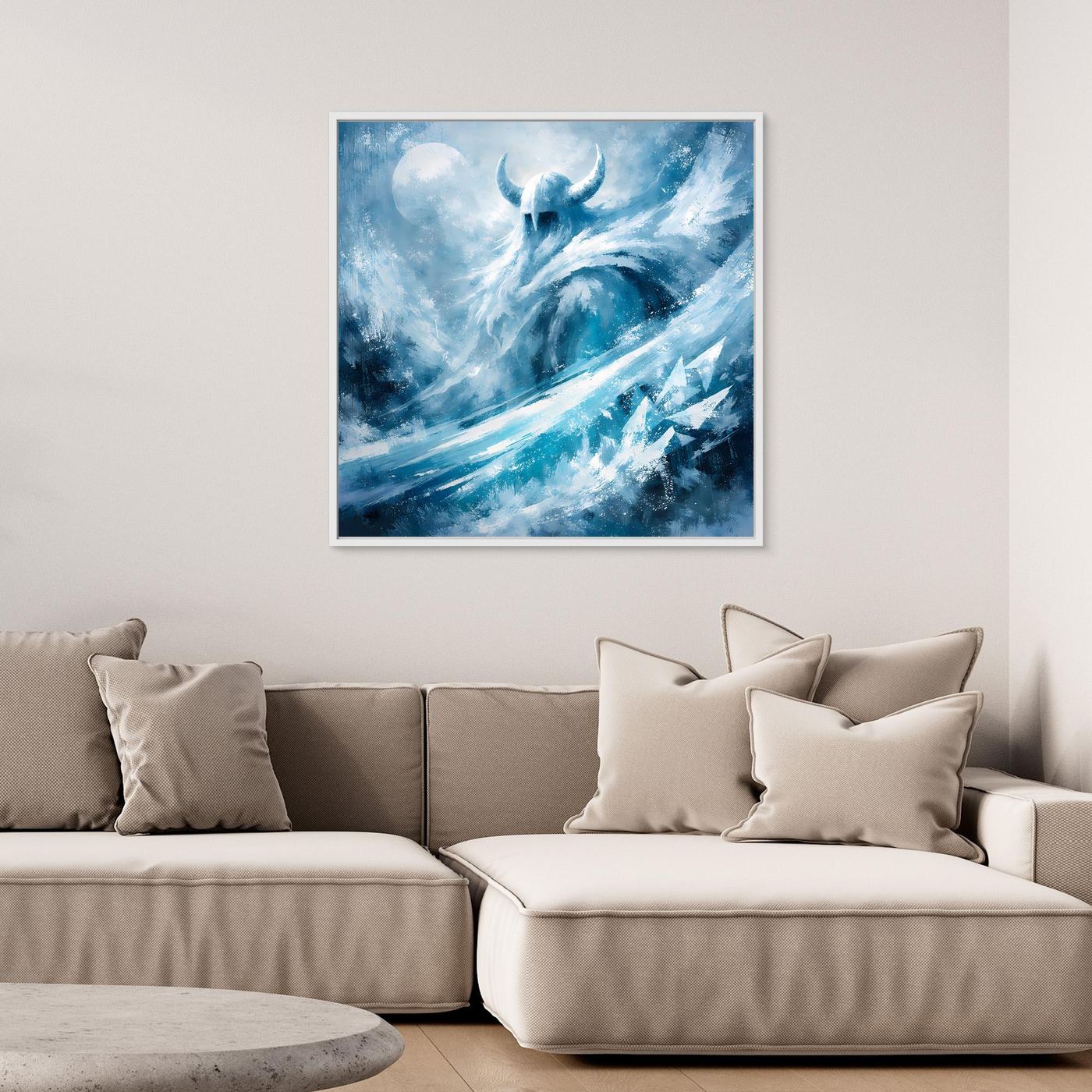 Leinwandbild mit Wikinger im Eis, blau-weißer Fantasy-Stil, mit hellem Rahmen