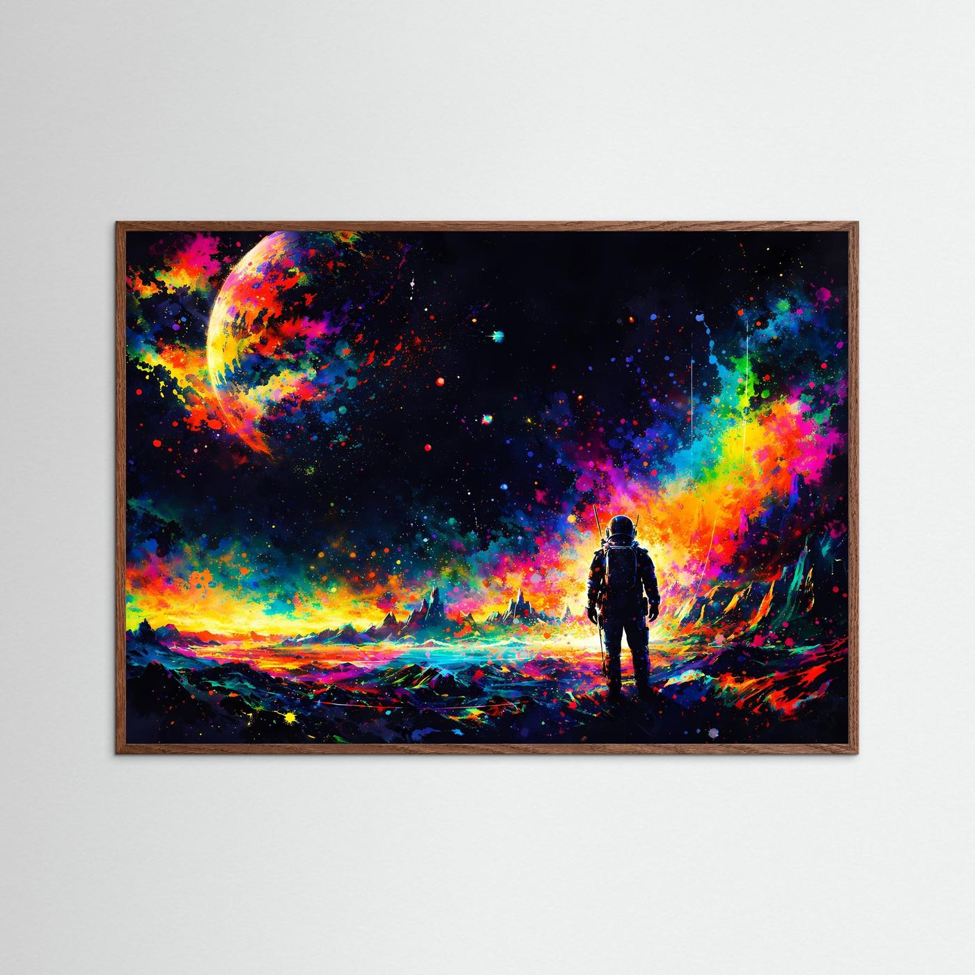 Poster mit Astronauten-Silhouette im Neon-Weltraum, brauner Holzrahmen