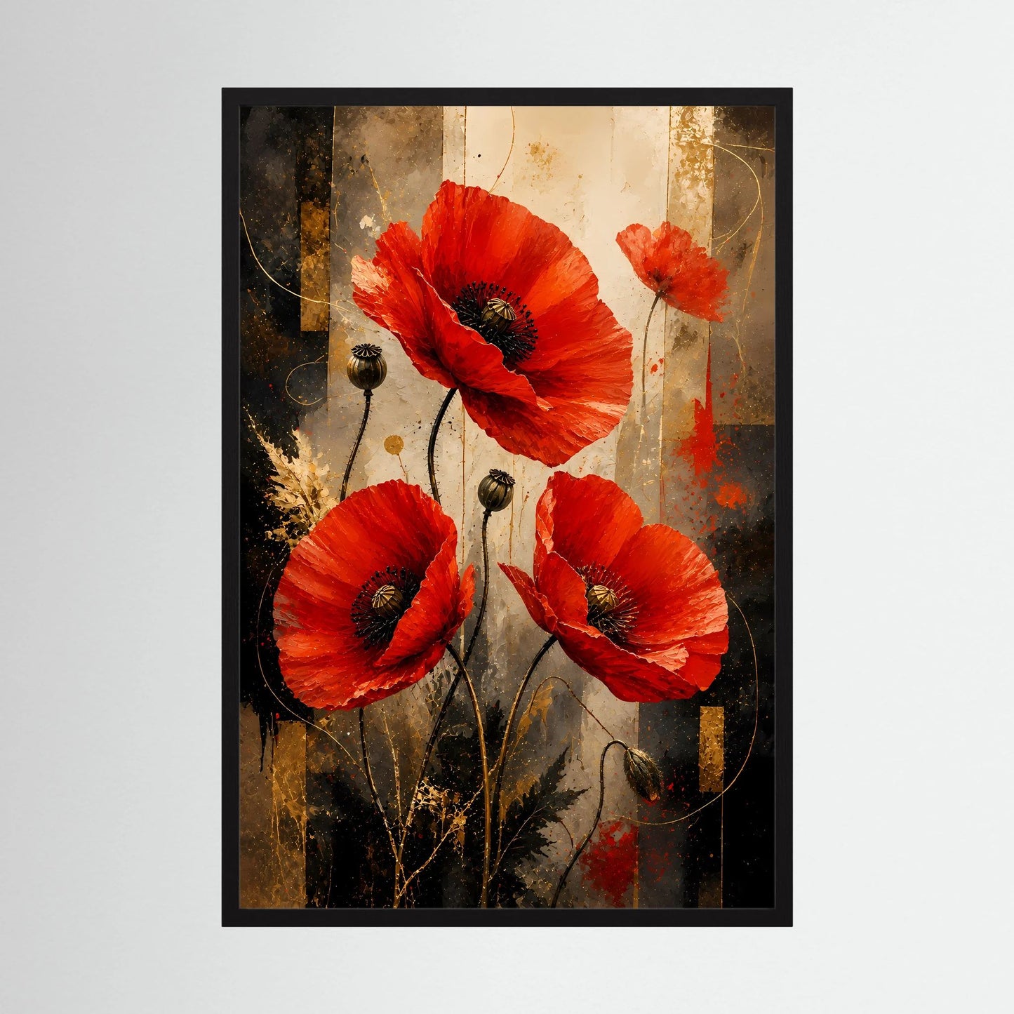 Roter Mohn in Gold & Schwarz | Elegante florale Kunst | Poster Hochformat