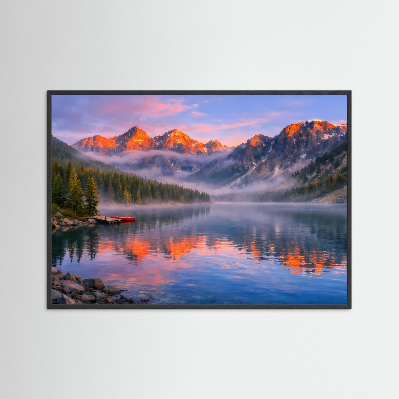 Wandbild mit Bergsee-Landschaft, schwarzer Rahmen