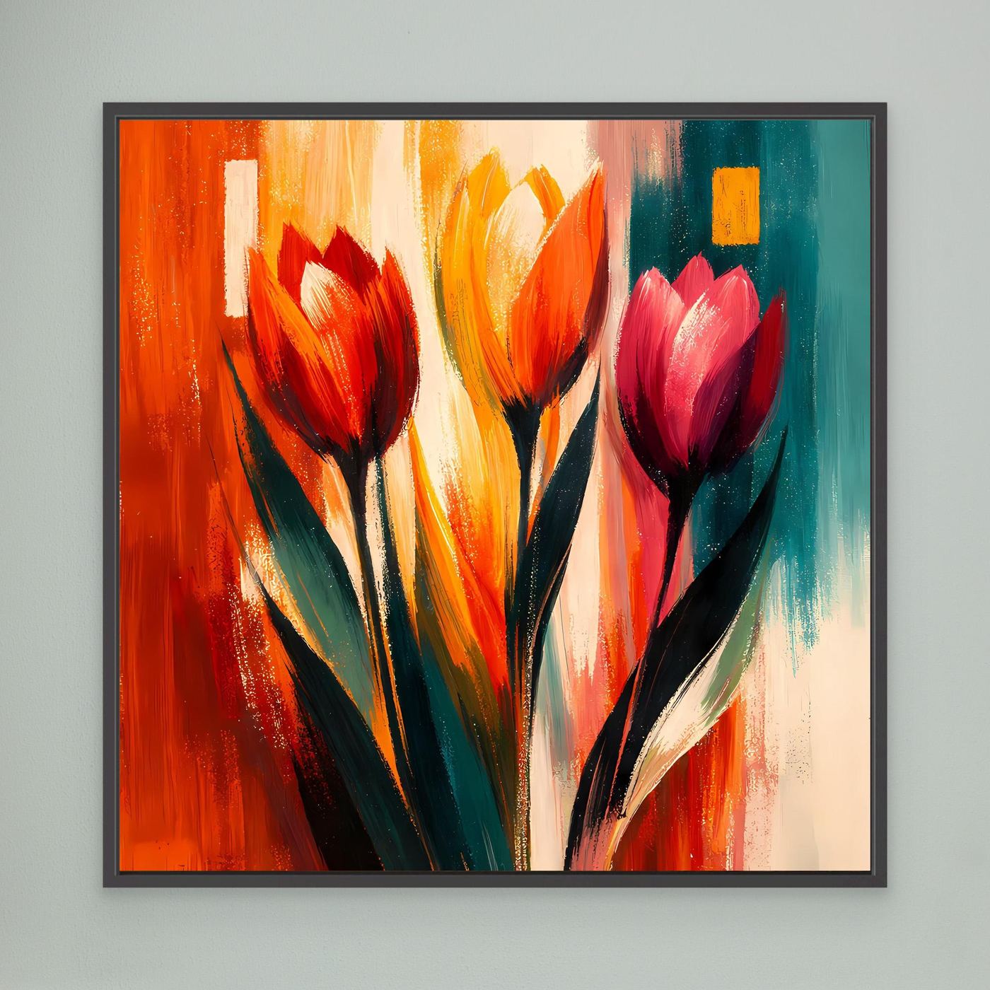 Leinwandbild mit abstrakten Tulpen in Rot, Orange, Gelb und Türkis, dunkel gerahmt