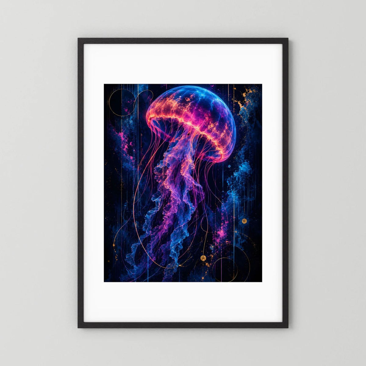 Leuchtendes Quallenposter mit neonfarbenem Quallenmotiv in Pink, Blau und Gold, schwarzer Rahmen