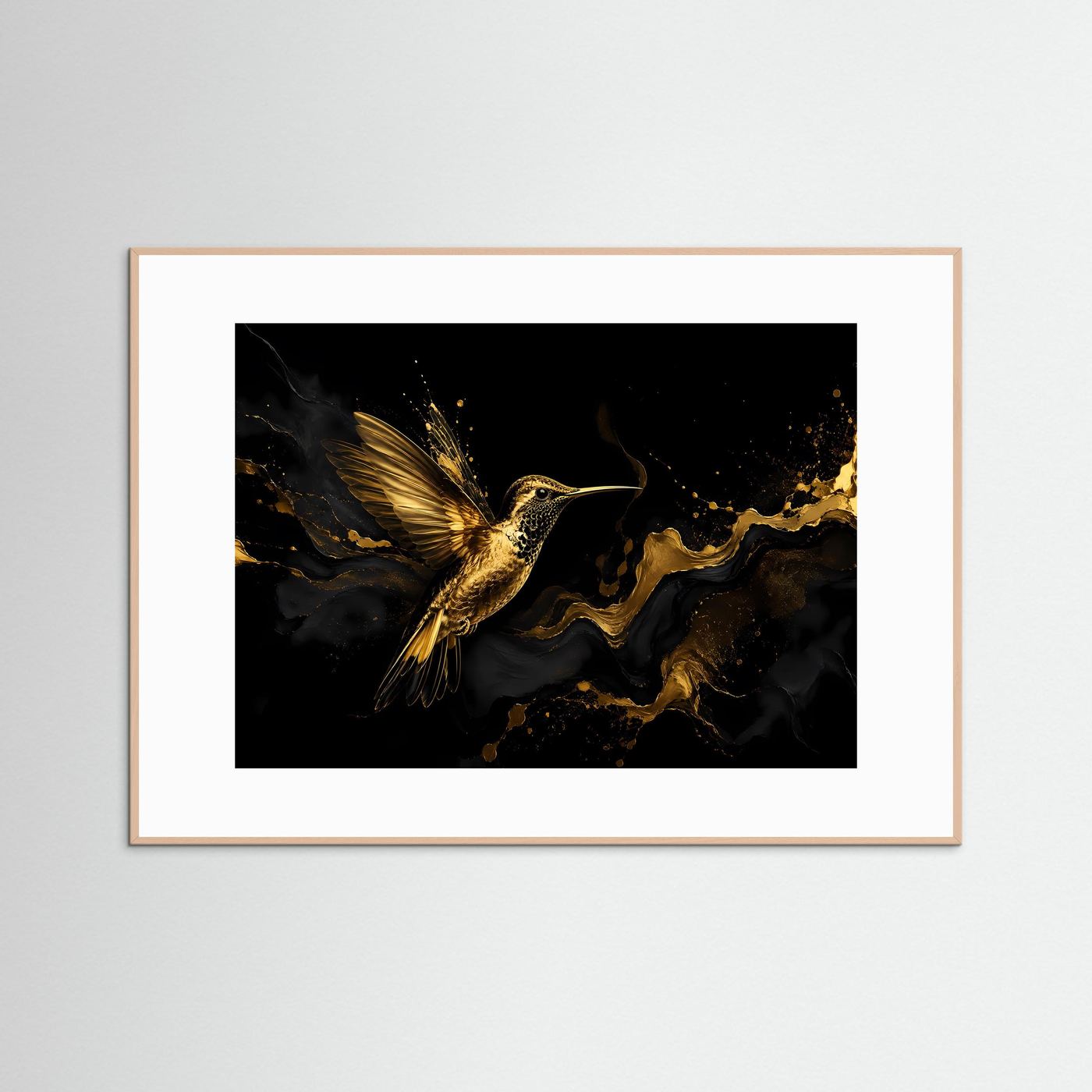 Vogelposter Querformat mit goldenem Kolibri auf dunklem Hintergrund, rosafarbenes Holzrahmen