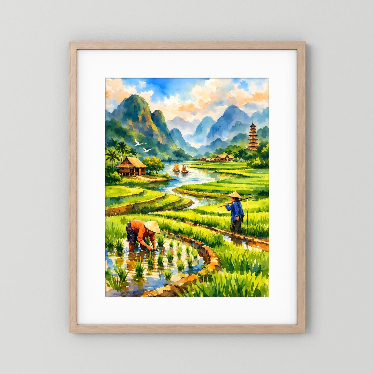 Hochformatiges Poster mit Reisfeldern, Pagode und Bauern am Bach, Holzrahmen mit weißem Rand