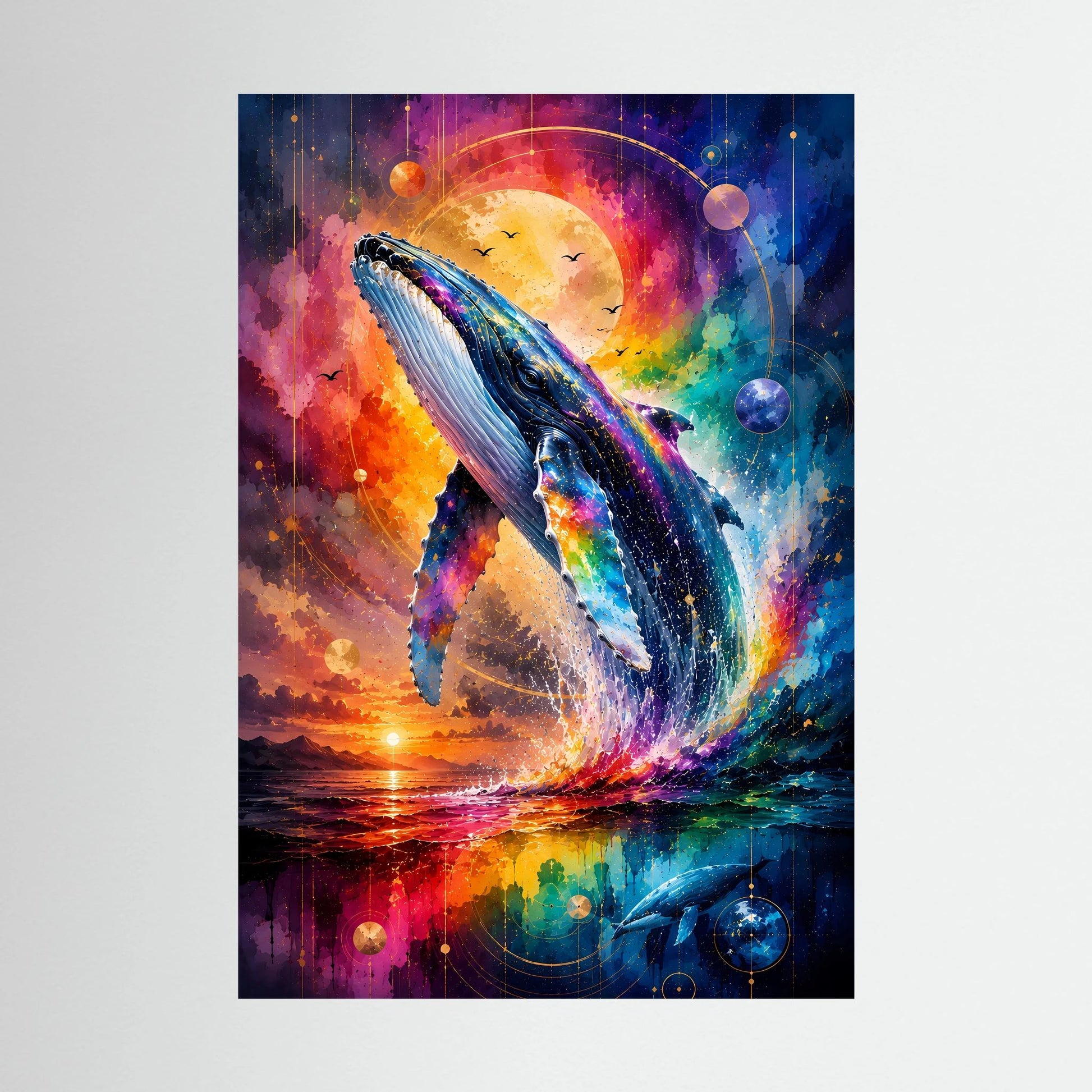 Poster Hochformat ohne Rahmen mit Wal-Motiv, farbigem All und leuchtendem Mond