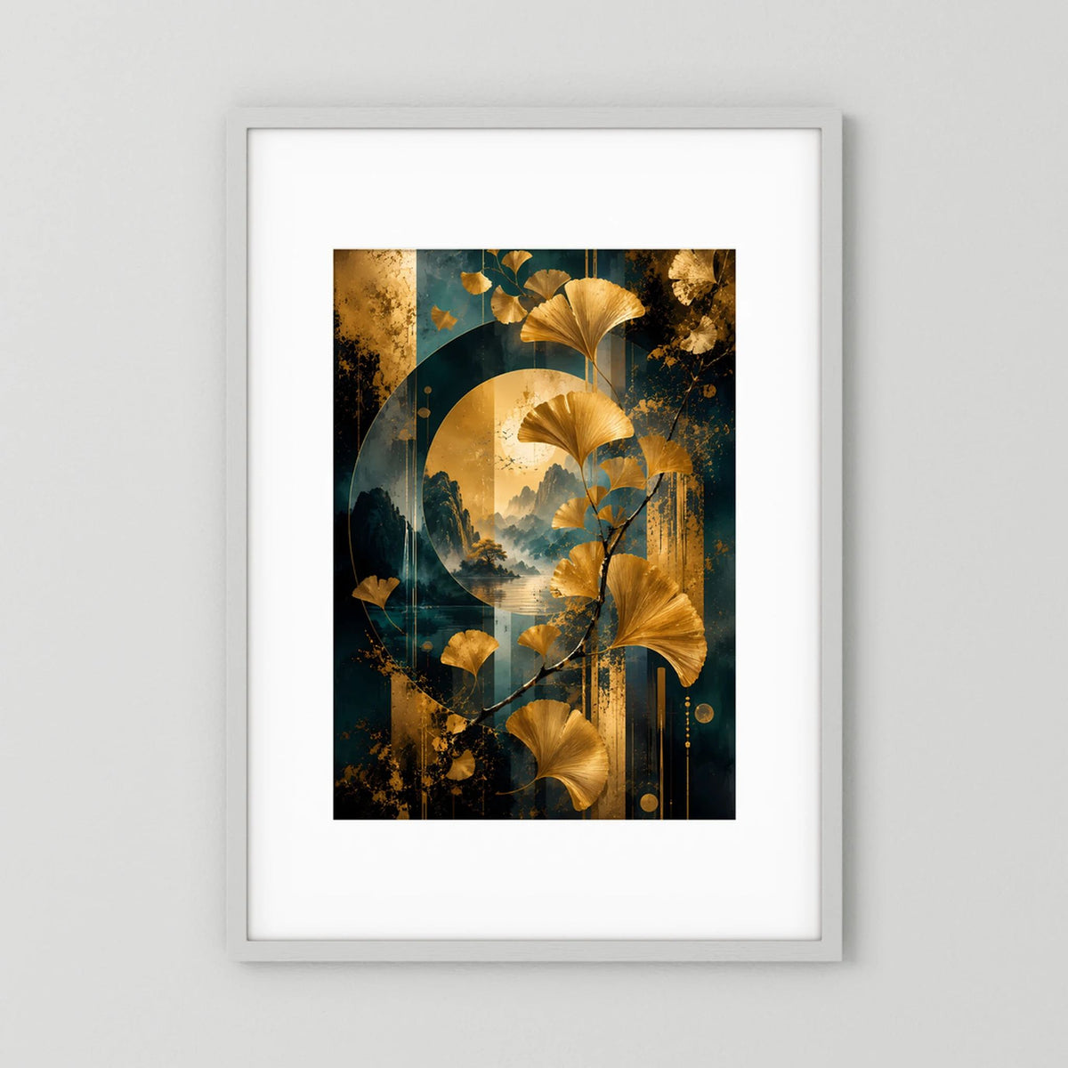 Gerahmtes Hochformat-Poster mit goldenen Ginkgo-Blättern und abstrakter Berglandschaft