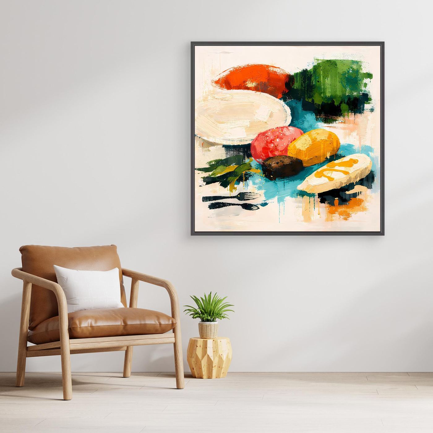 Abstraktes Wandbild mit farbigen Lebensmittel- und Dinner-Elementen, mit schwarzem Rahmen