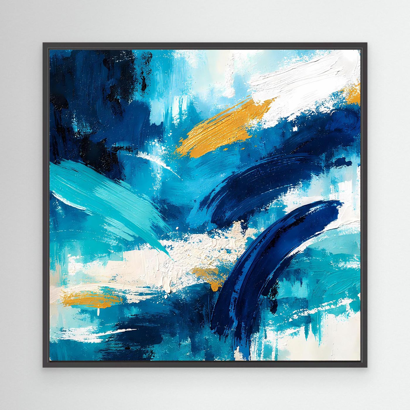 Abstract blue and teal canvas wall art with gold diagonal stripe in a black frame