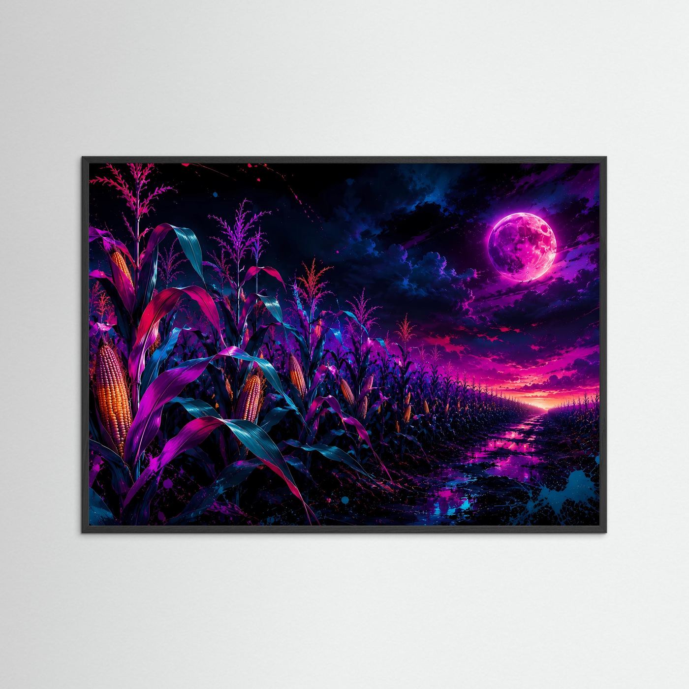 Neon-Maisfeld bei Vollmond | Mystische Fantasy-Landschaft in Pink, Lila & Blau