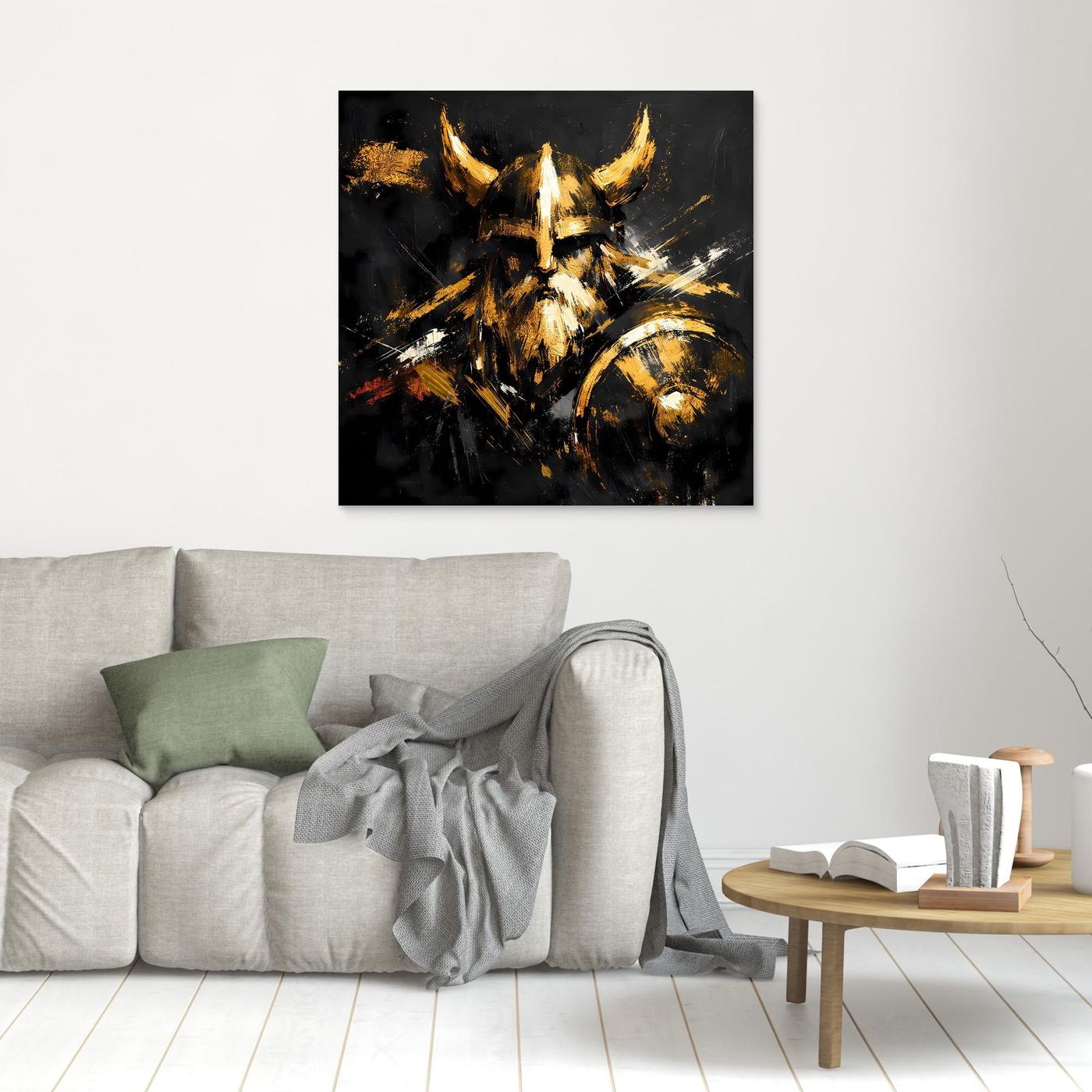 Leinwand Goldener Wikinger mit Schild | Abstraktes Nordmann Wandbild Modern