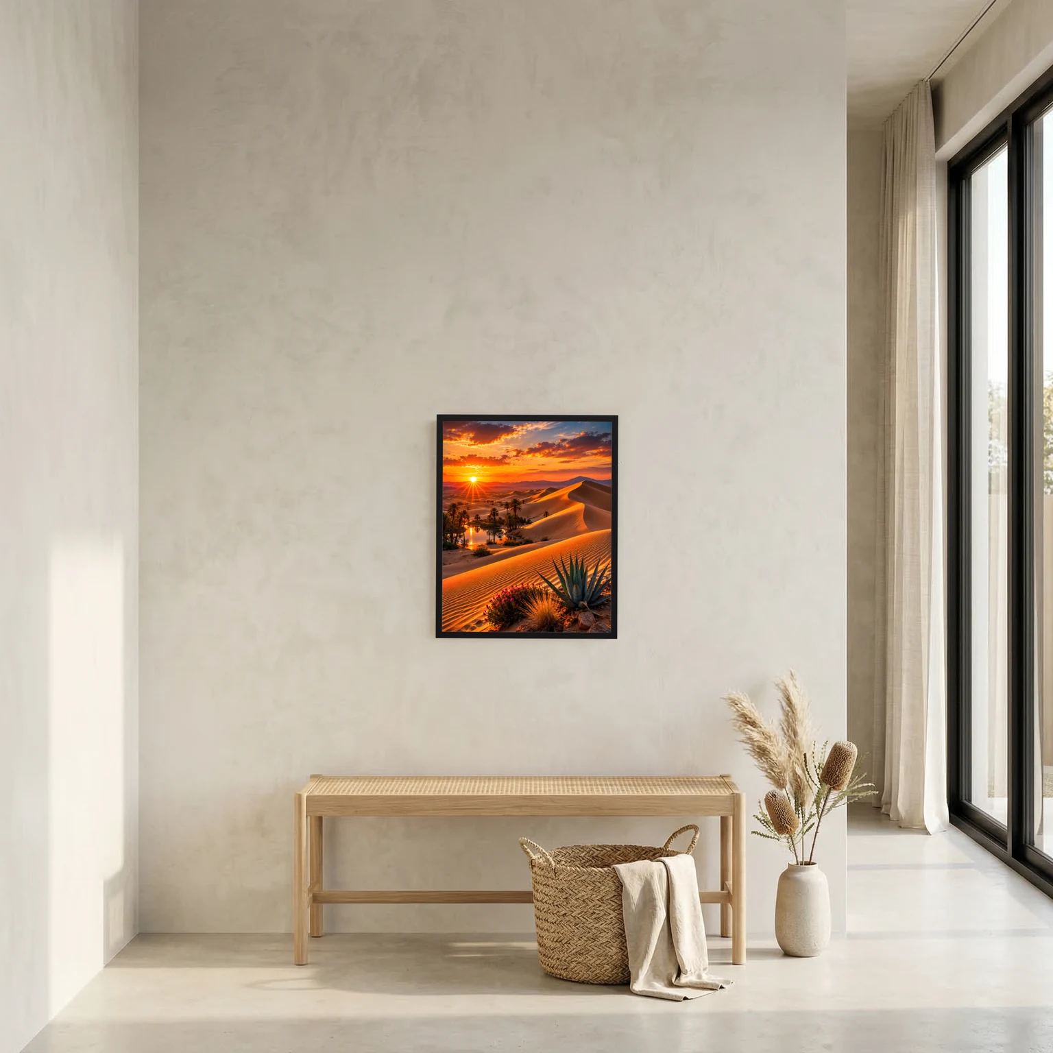 Wandposter im Hochformat mit Wüste und Oase, goldenen Sanddünen und Palmen im Sonnenuntergang