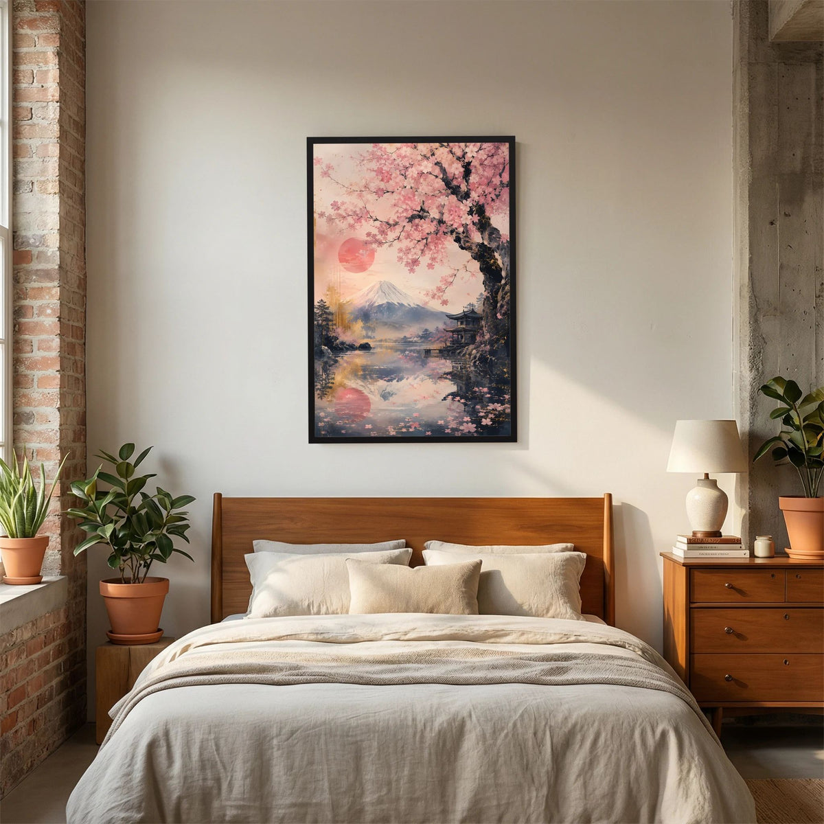 Hochformat-Poster im schwarzen Rahmen: Sakura über Landschaft mit Fuji und Pagode