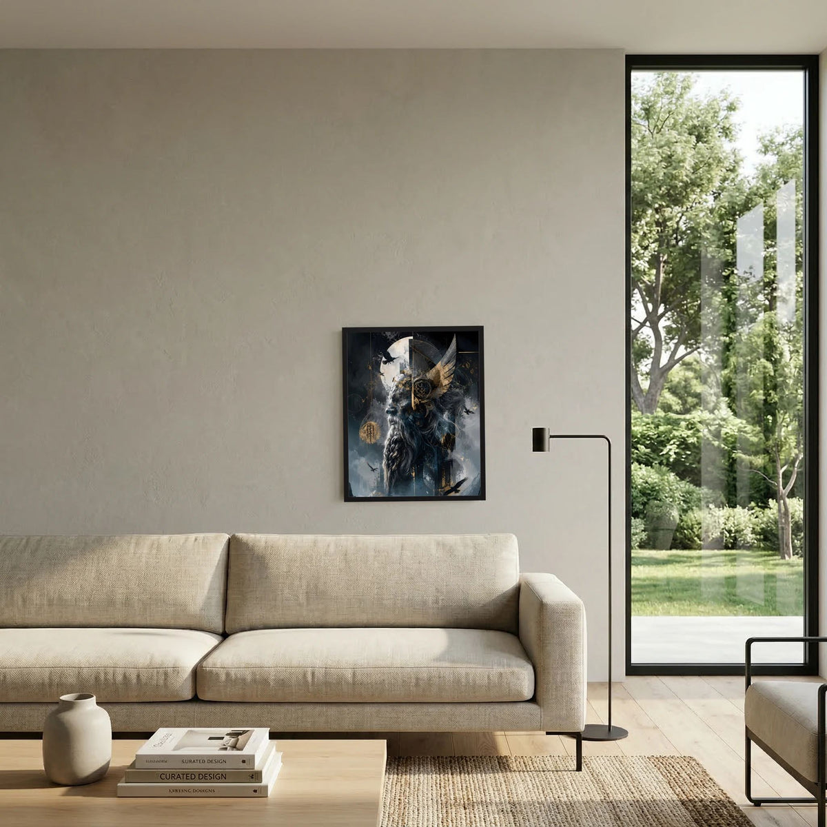 Gerahmtes Hochformat-Poster mit Wikinger-Vogel-Motiv über beigem Sofa
