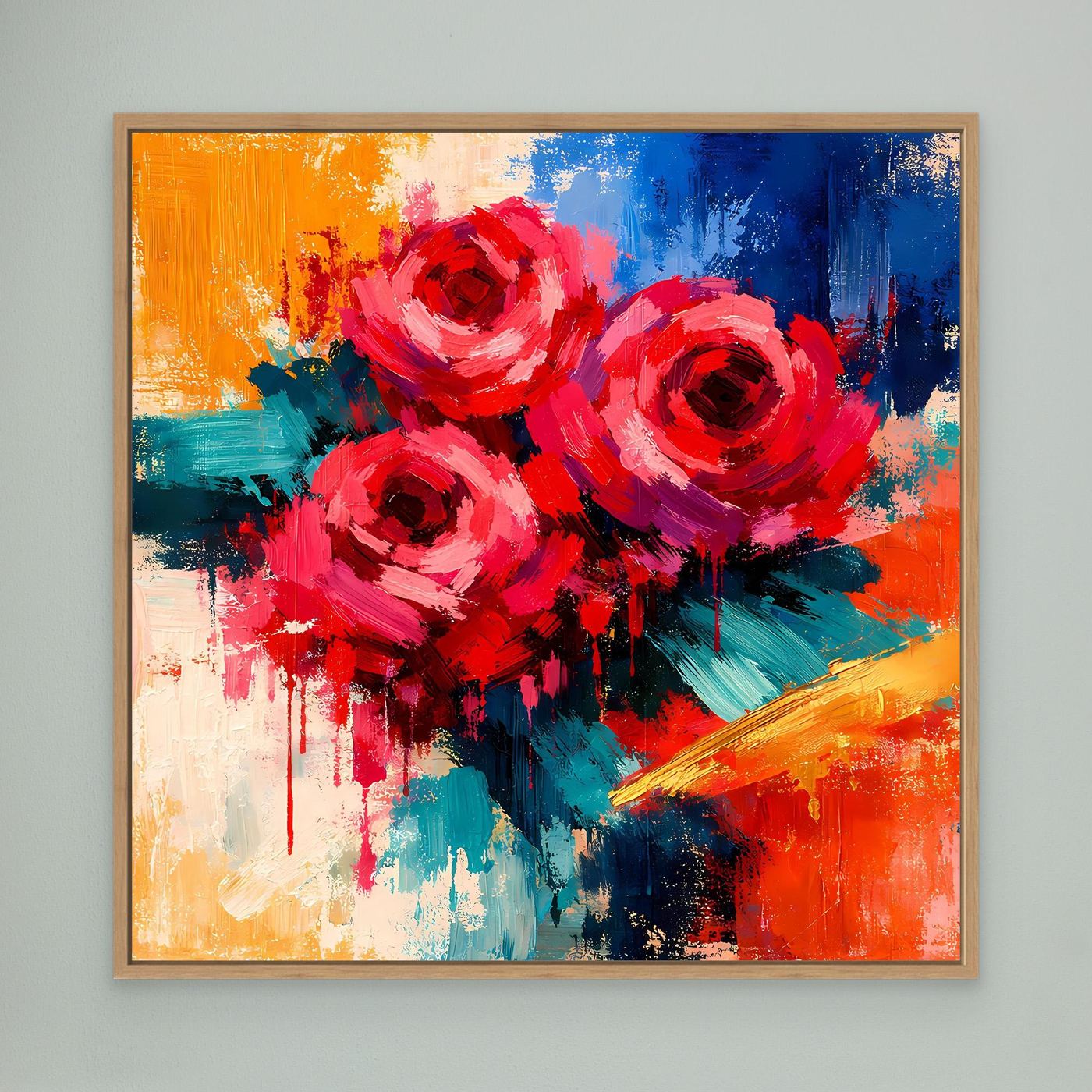 Abstraktes Leinwand-Wandbild mit roten Rosen, Pinselstriche, mit Holzrahmen
