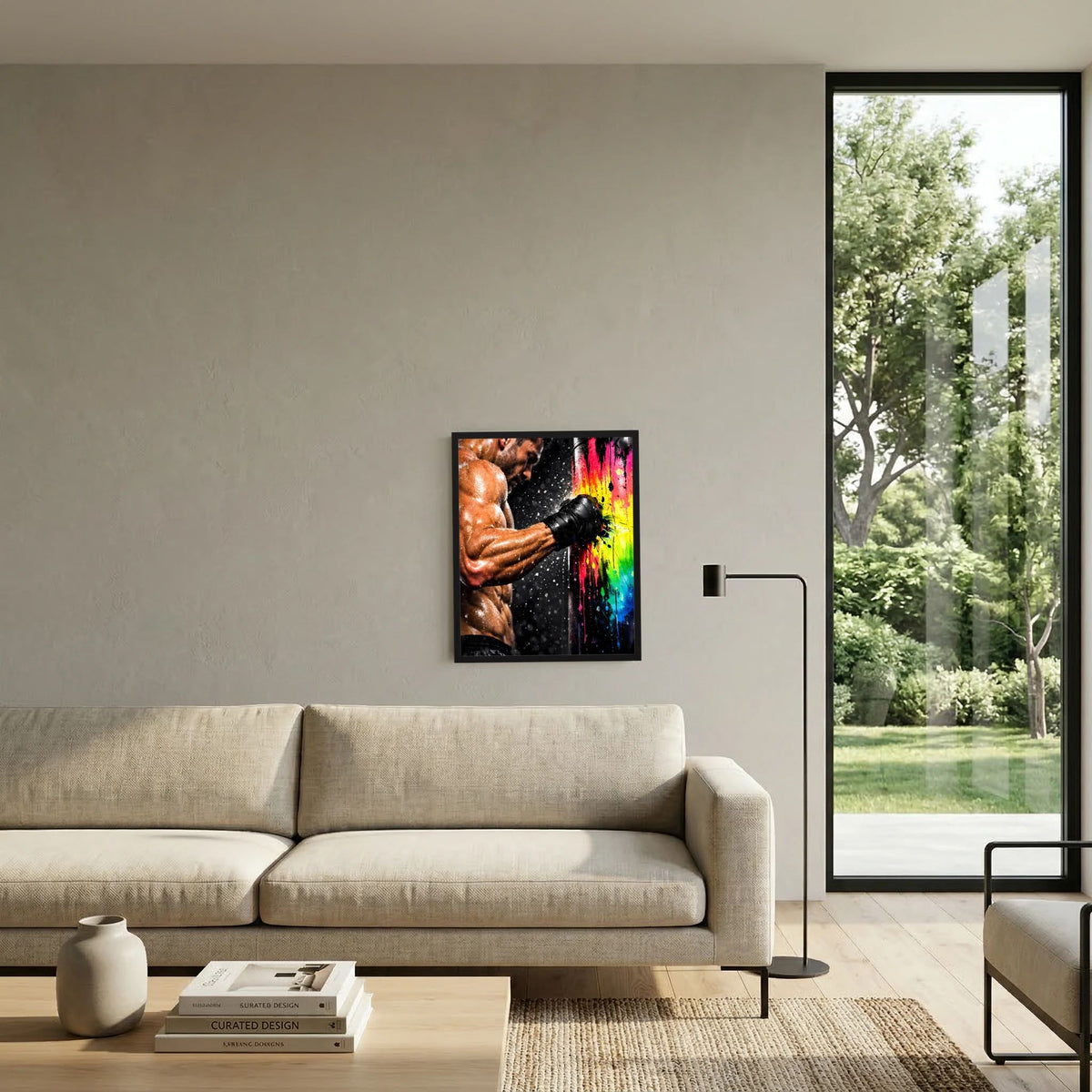 Gerahmtes Hochformat-Poster mit Boxsport-Szene: Boxer schlägt, schwarze Handschuhe, Regenbogen-Spritzer