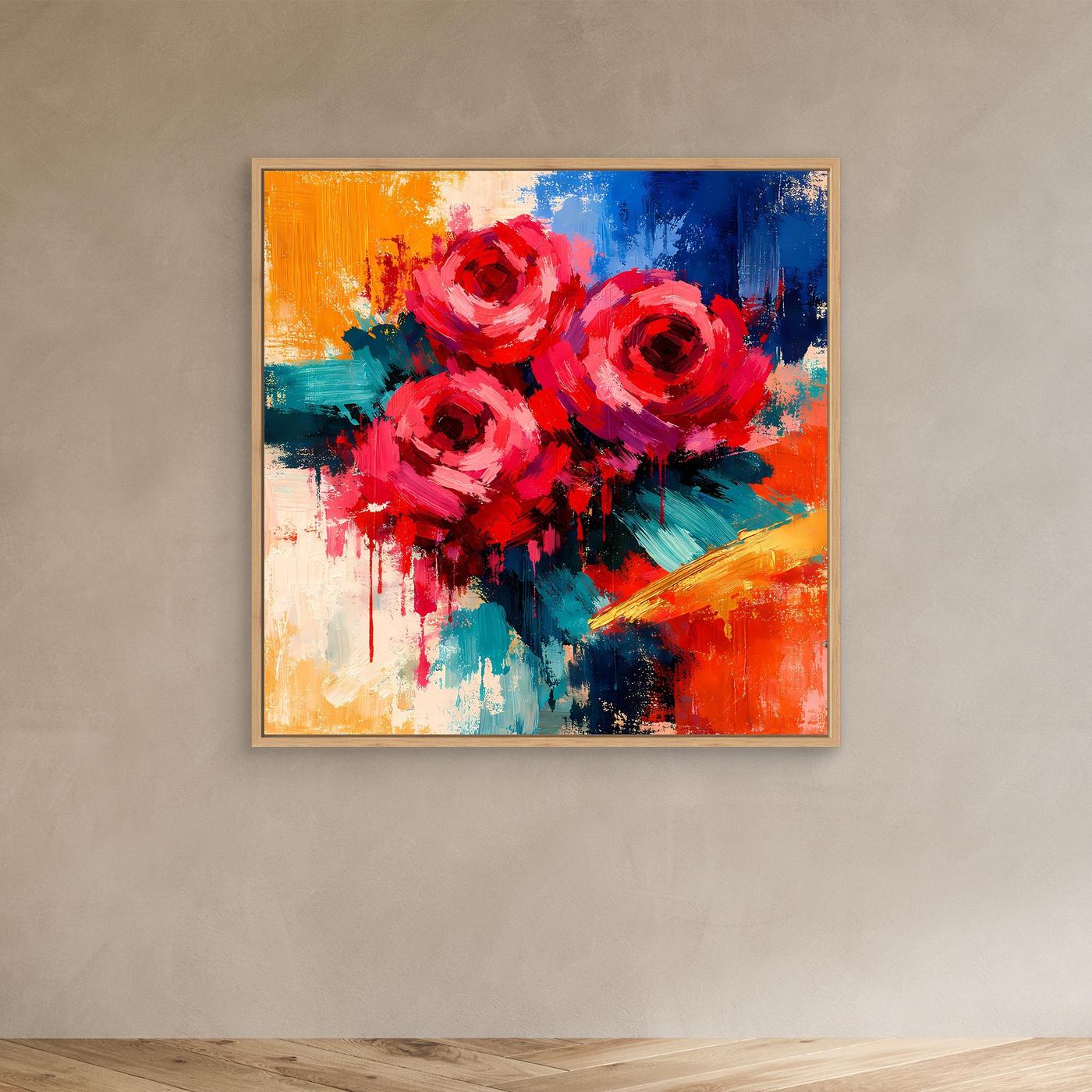 Abstraktes Leinwand-Wandbild mit roten Rosen, Pinselstriche, quadratisch, heller Rahmen