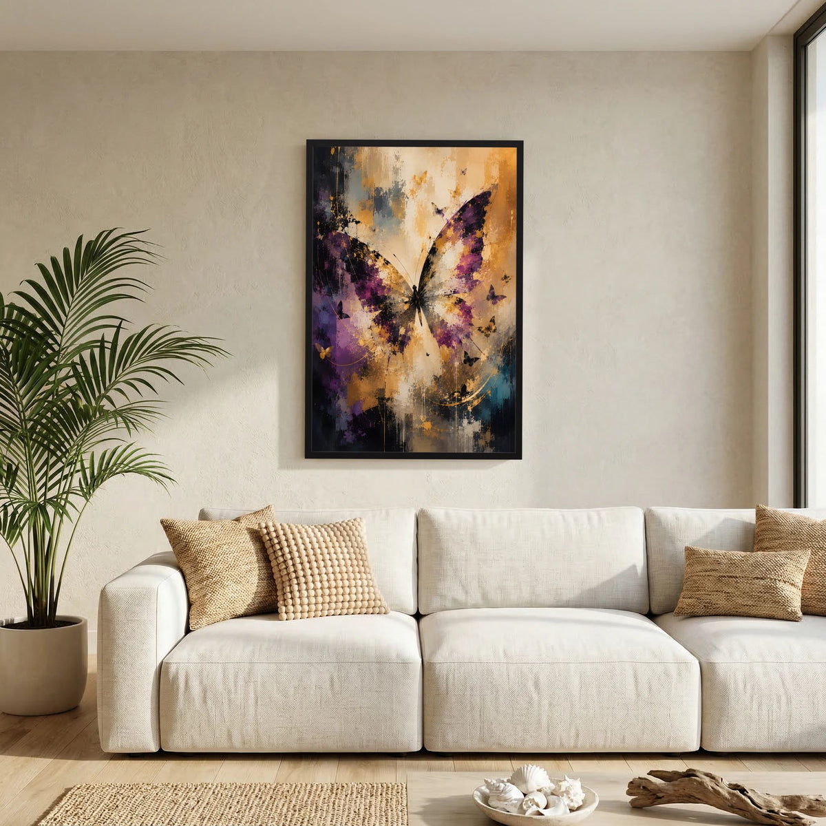 Hochformat-Kunstposter mit abstrakten Schmetterlingen in Violett, Creme & Gold, schwarzer Rahmen