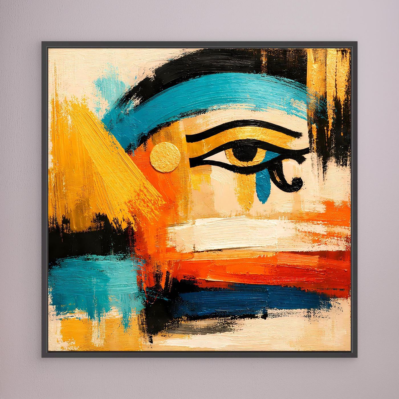 Abstract eye wall art with teal, orange, and gold hues, black frame