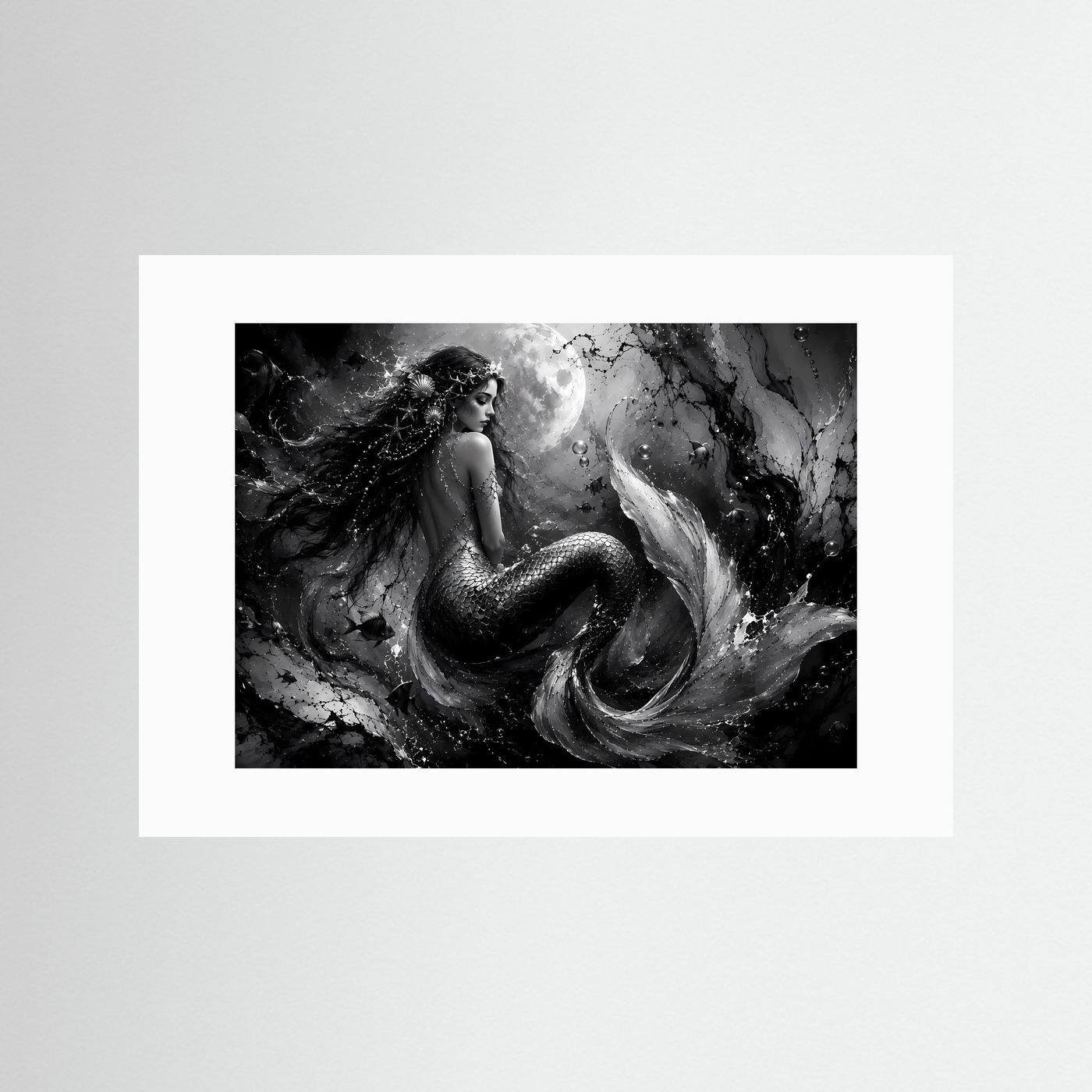Mystische Meerjungfrau in Schwarz-Weiß | Elegantes Fantasy Poster Querformat