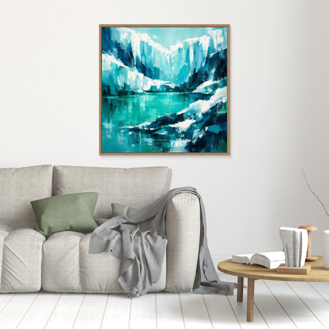 Quadratisches Leinwand-Wandbild mit abstrakten Eisbergen im Ozean, Eichenrahmen