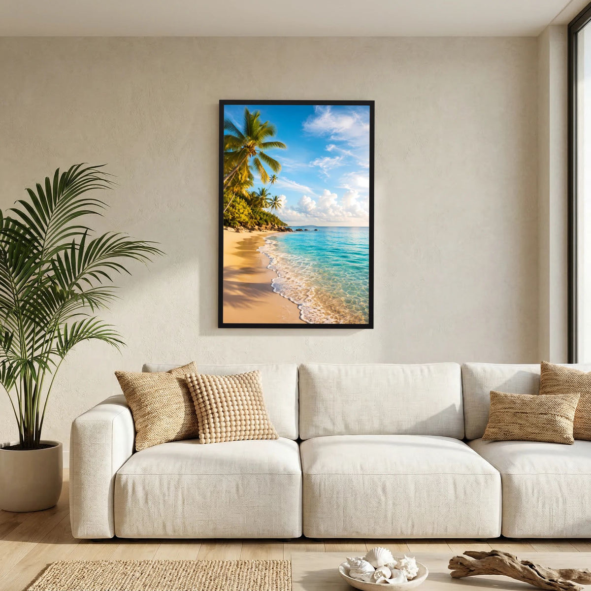Hochformat-Poster Strand mit Palmen: türkisblaues Meer und goldener Sand, im dunklen Rahmen