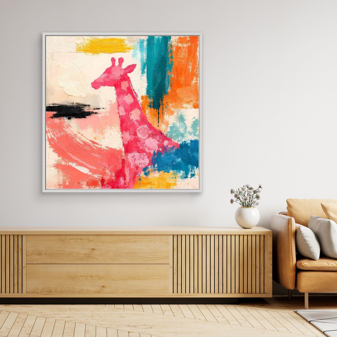 Gerahmtes Leinwandbild mit weißem Rahmen: abstrakte Giraffe im Pop-Art-Stil, bunt