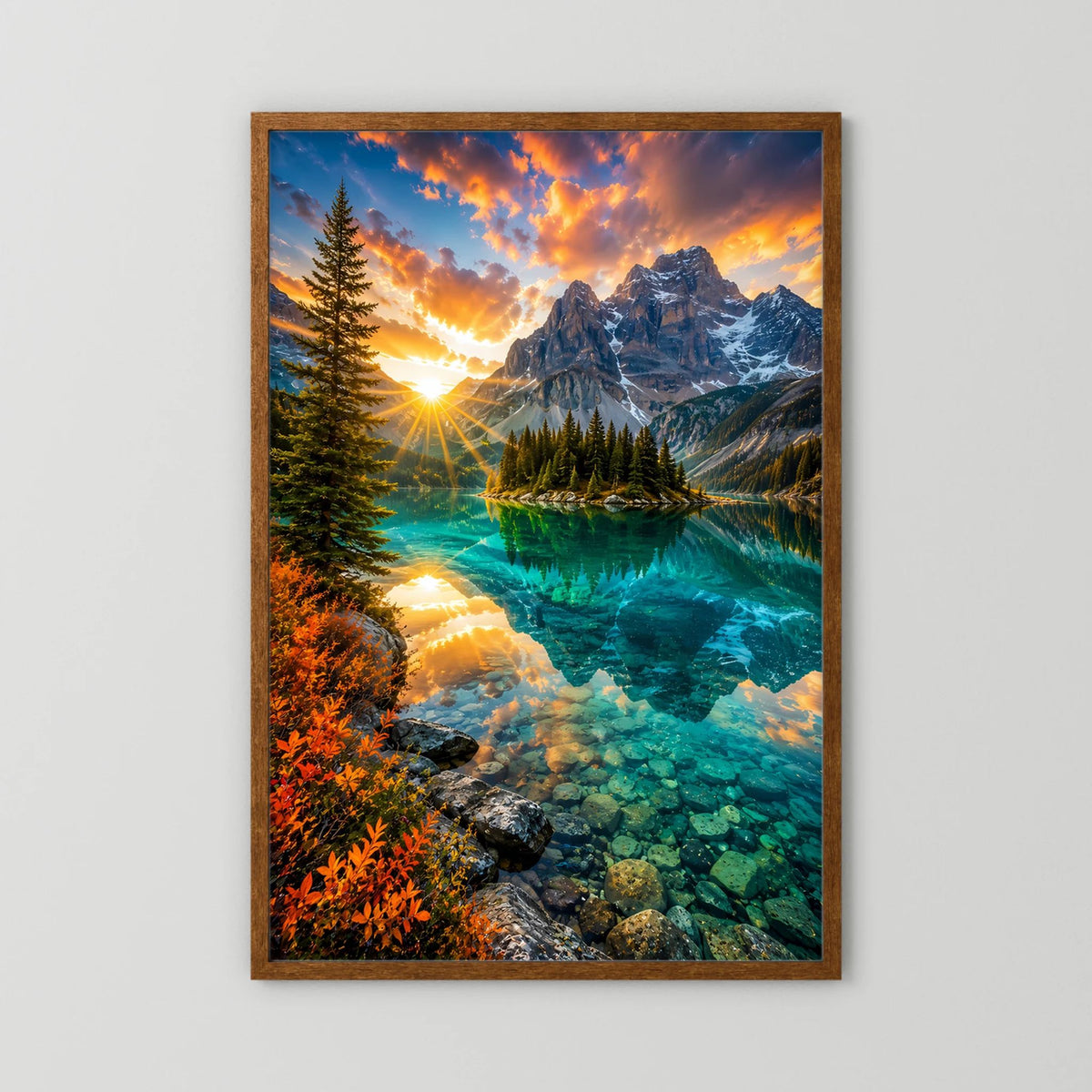 Türkiser Bergsee bei Sonnenuntergang | Majestätische Berglandschaft mit Spiegelung | Poster Hochformat