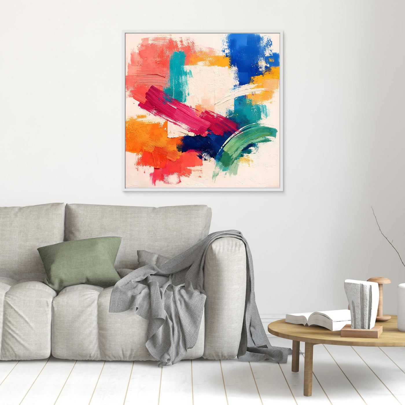 Abstract canvas wall art with light frame, multicolor brush strokes on light background
