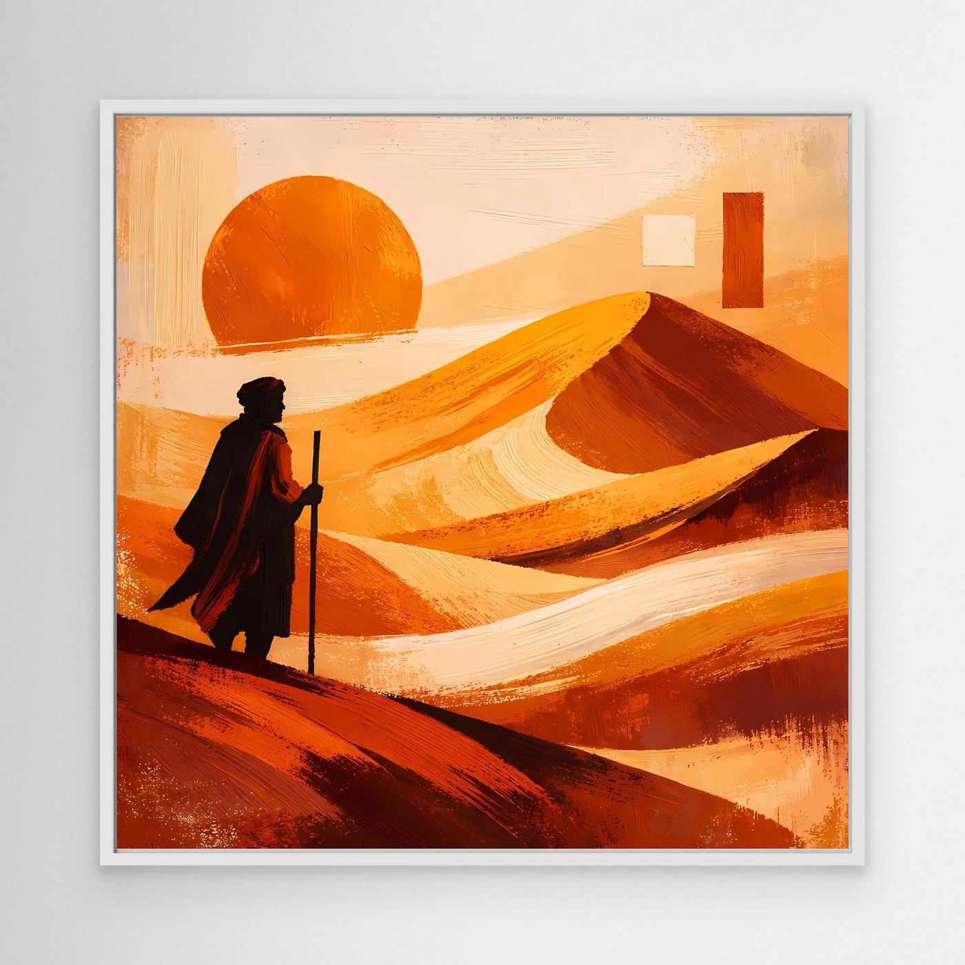 Abstraktes Leinwandbild mit Wüstenlandschaft im weißen Rahmen: orange Sonne, Figur mit Stab