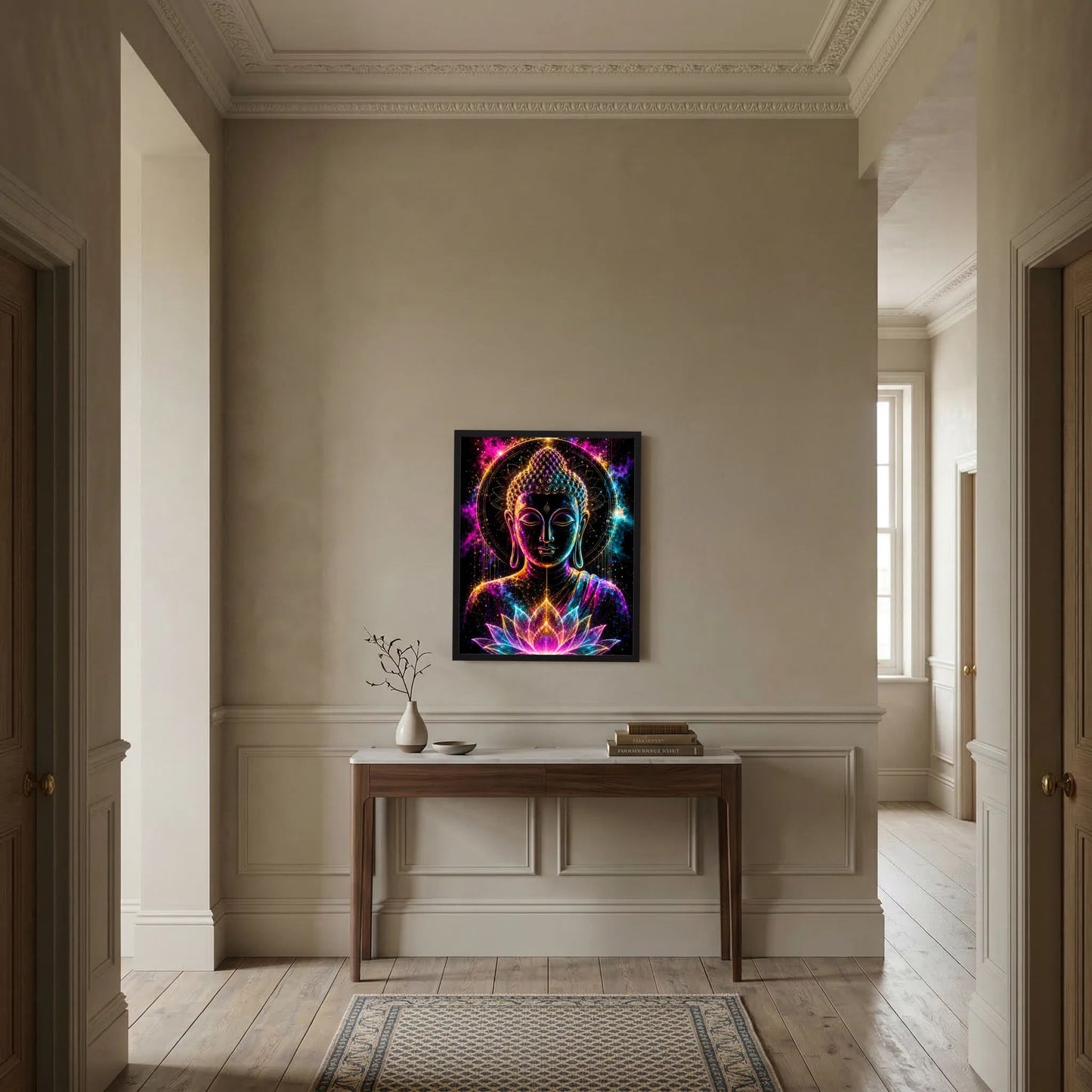 Neon-Kunstposter mit Buddha und leuchtender Lotusblüte, Pink, Türkis und Gold, schwarz gerahmt