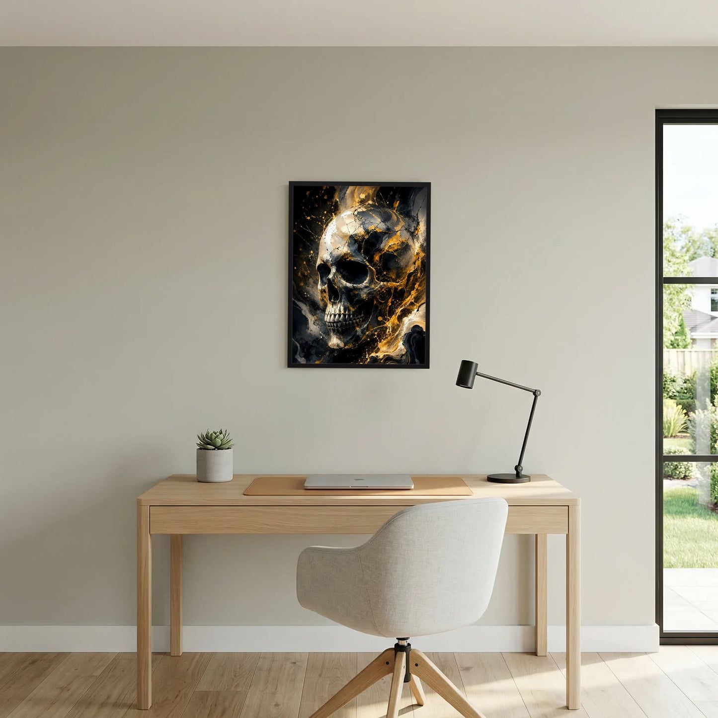 Hochformatposter mit Totenkopf-Grafik in Schwarz und Gold, im schwarzen Rahmen