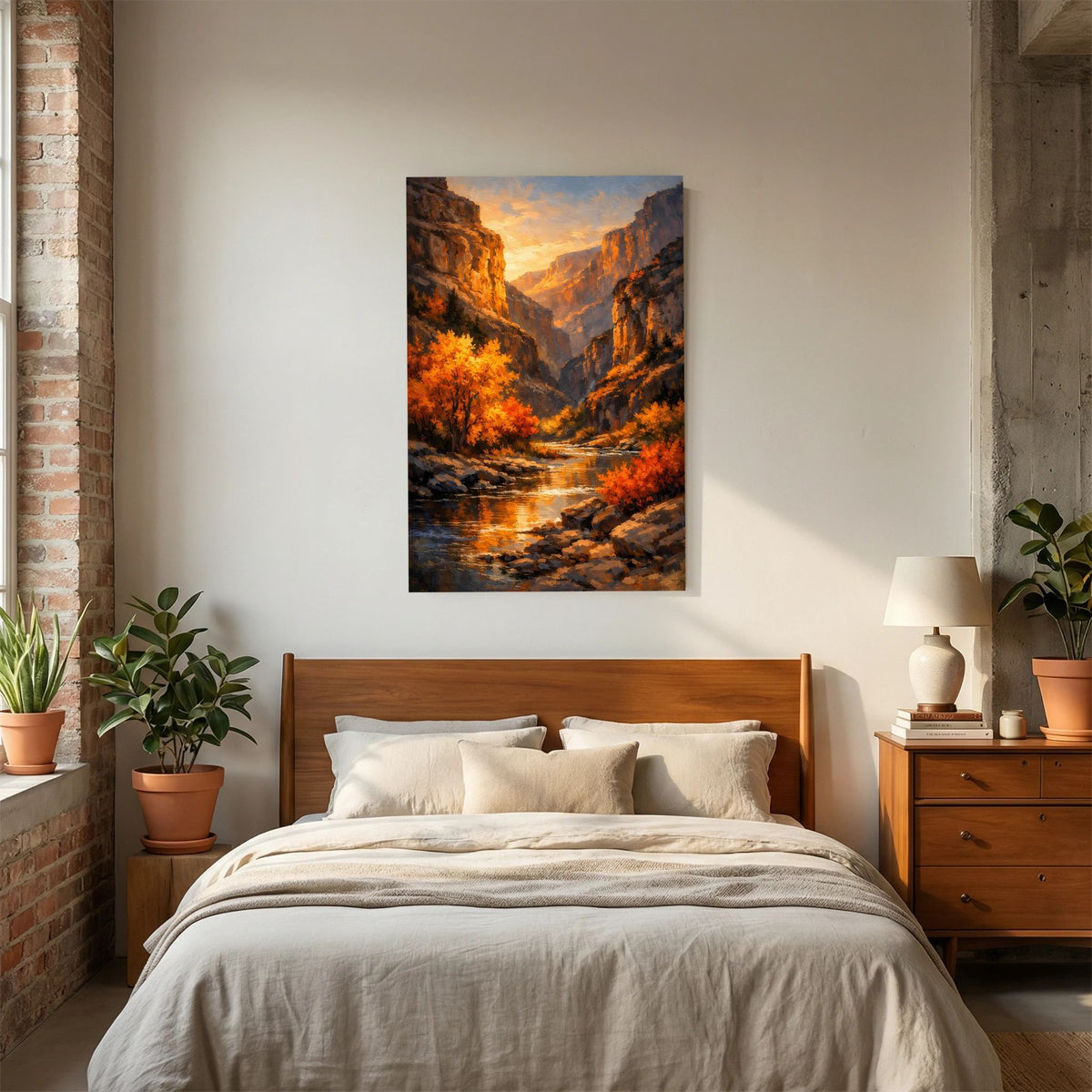 Wandbild im Hochformat mit Schlucht, Bach und orangefarbenen Herbstbäumen im Abendhimmel